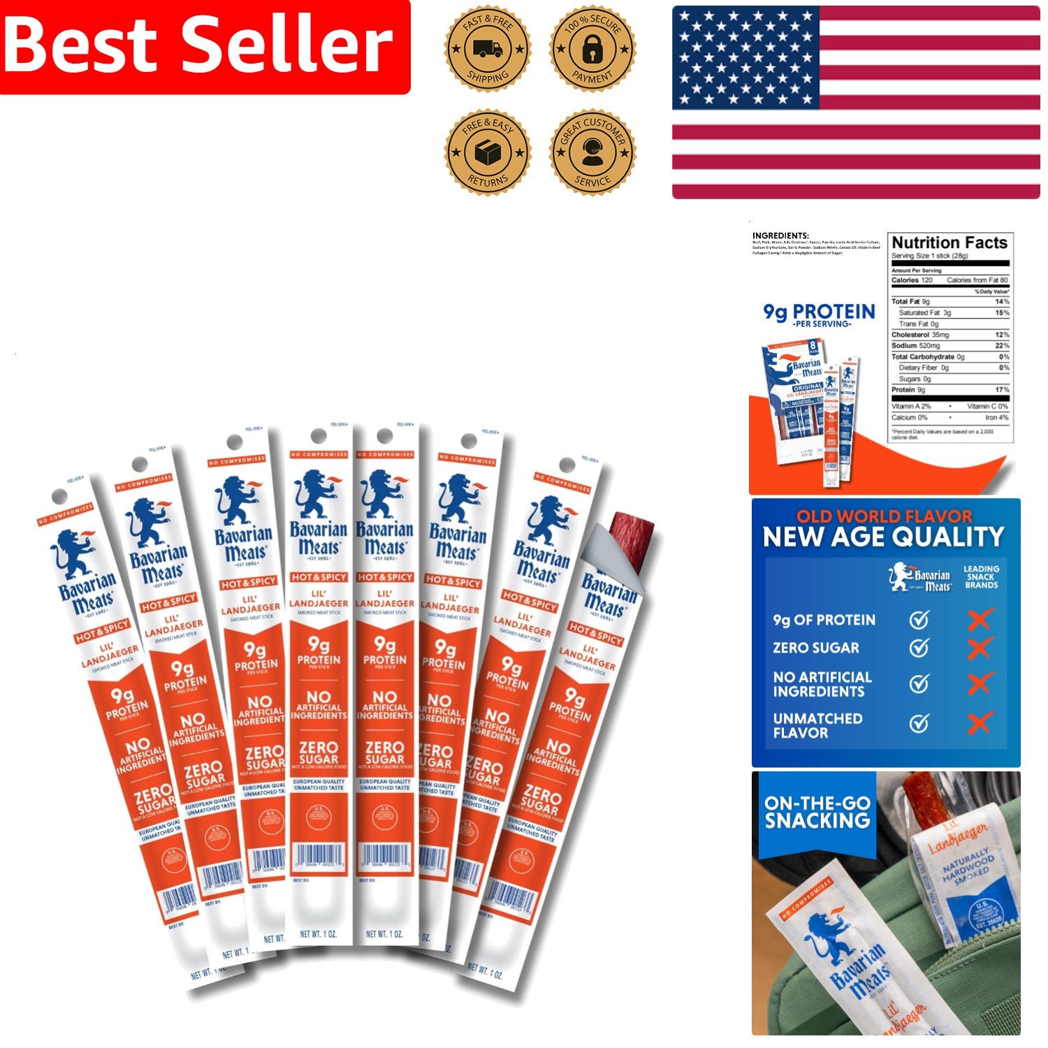 Meat Sticks Hot Spicy Landjaeger Keto Low Carb Zero Sugar Protein Snack 8-Pack