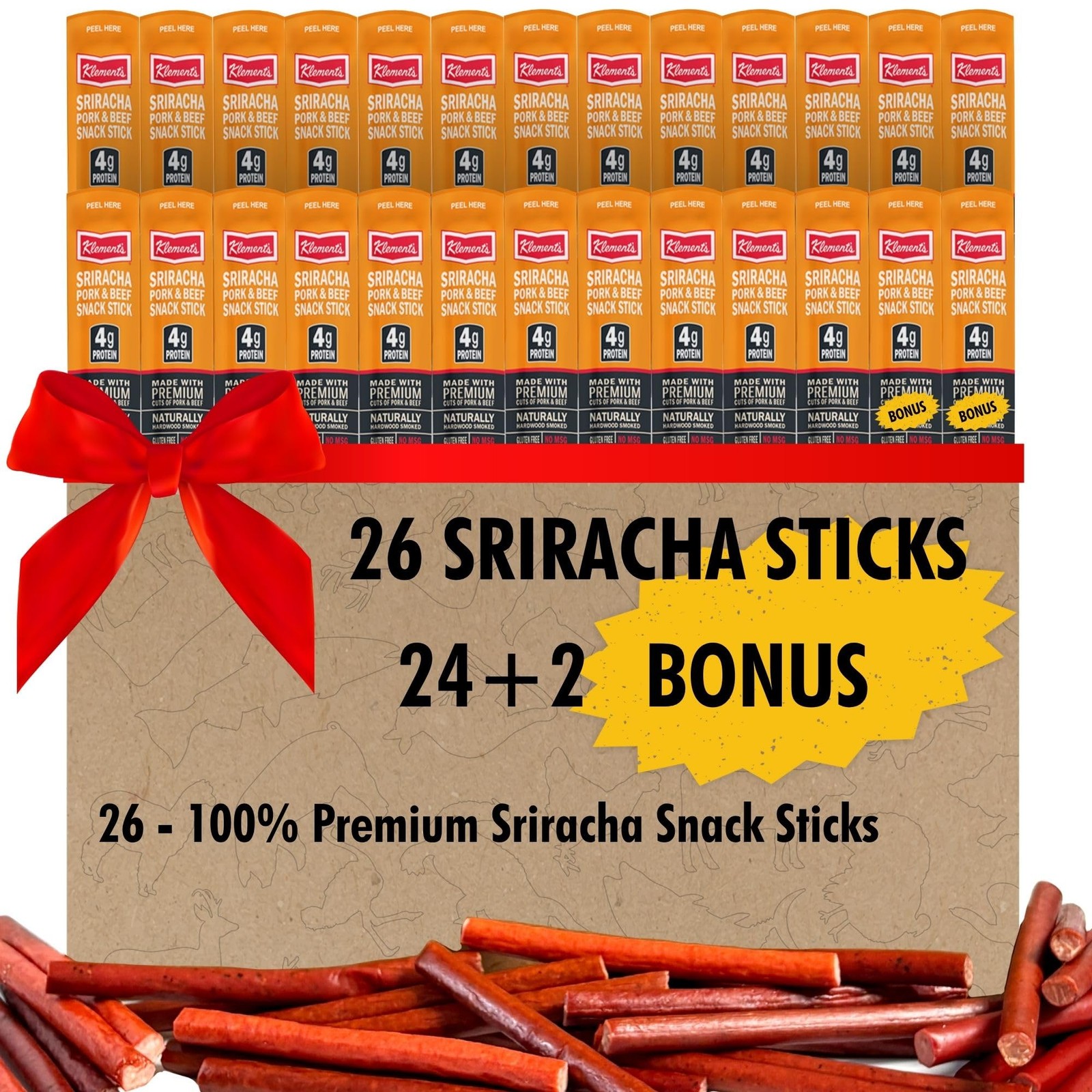 Jerky.com Sriracha Pork and Beef Snack Sticks 26 Pack 24 + 2 Bonus | Low Carb…