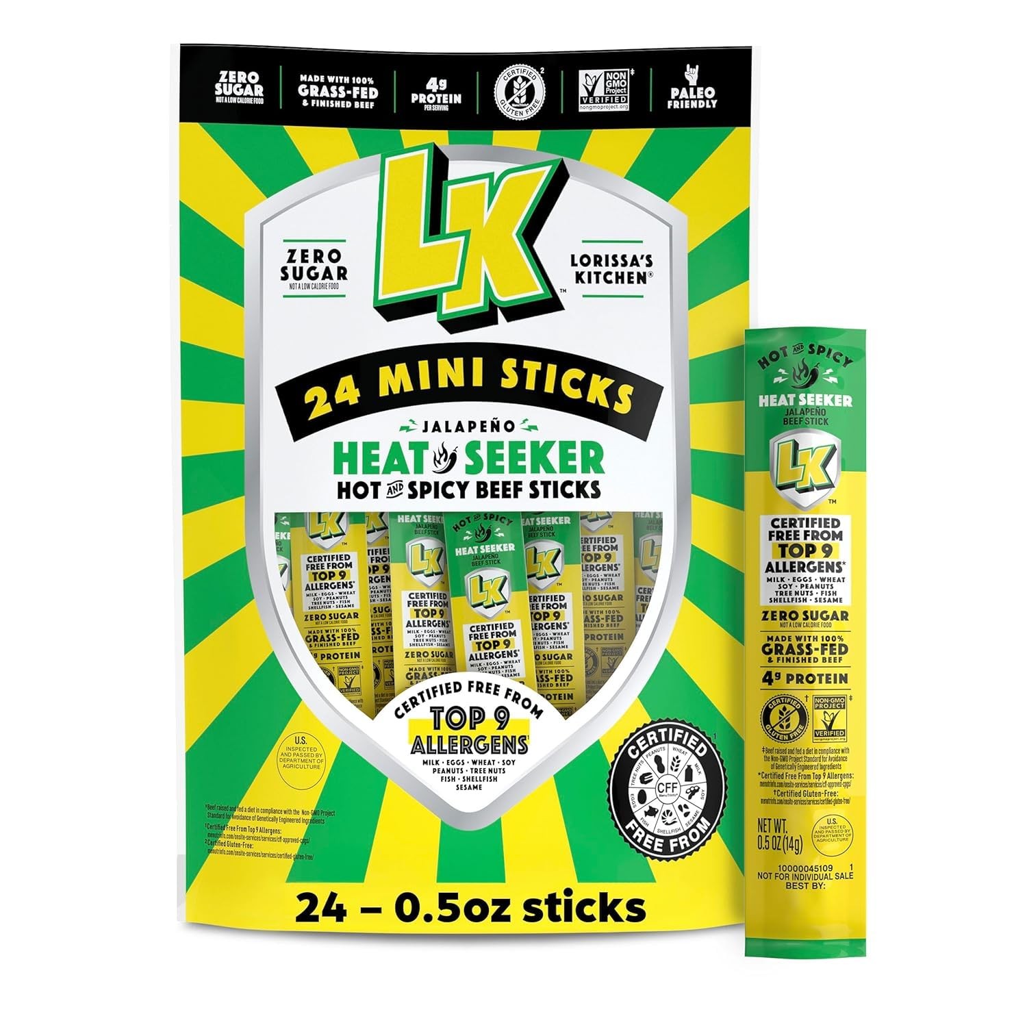 Lorissa’s Kitchen Heat Seeker Jalapeno Mini Beef Sticks Pack of 24 0.5 oz Me…