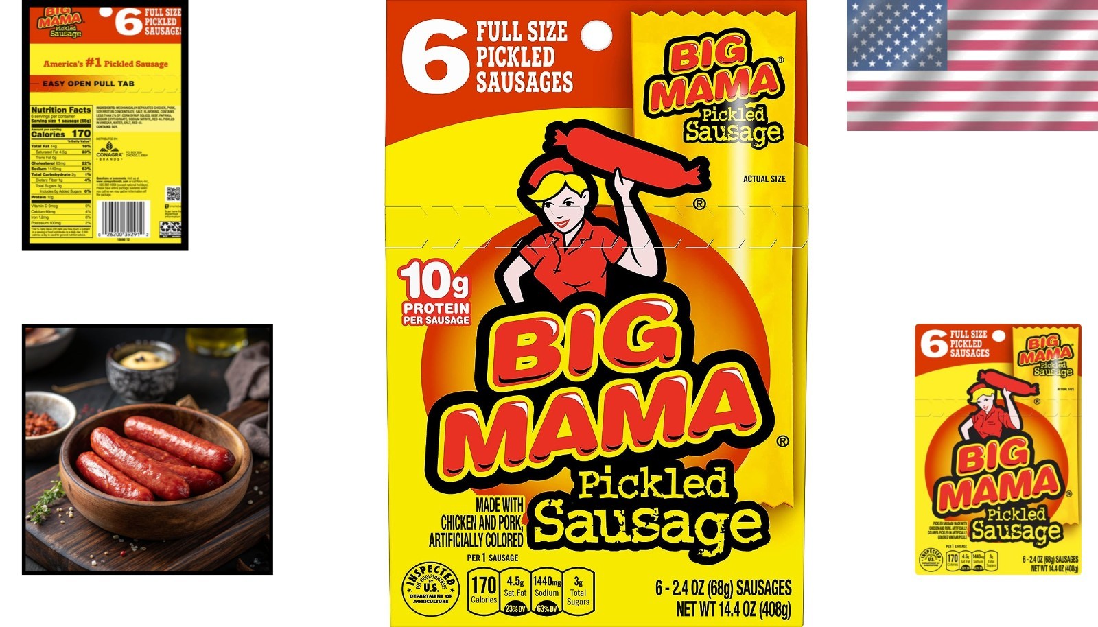 Savory Big Mama Pickled Sausages 2.4 Oz, 6 Count – Perfect On-the-Go Snack