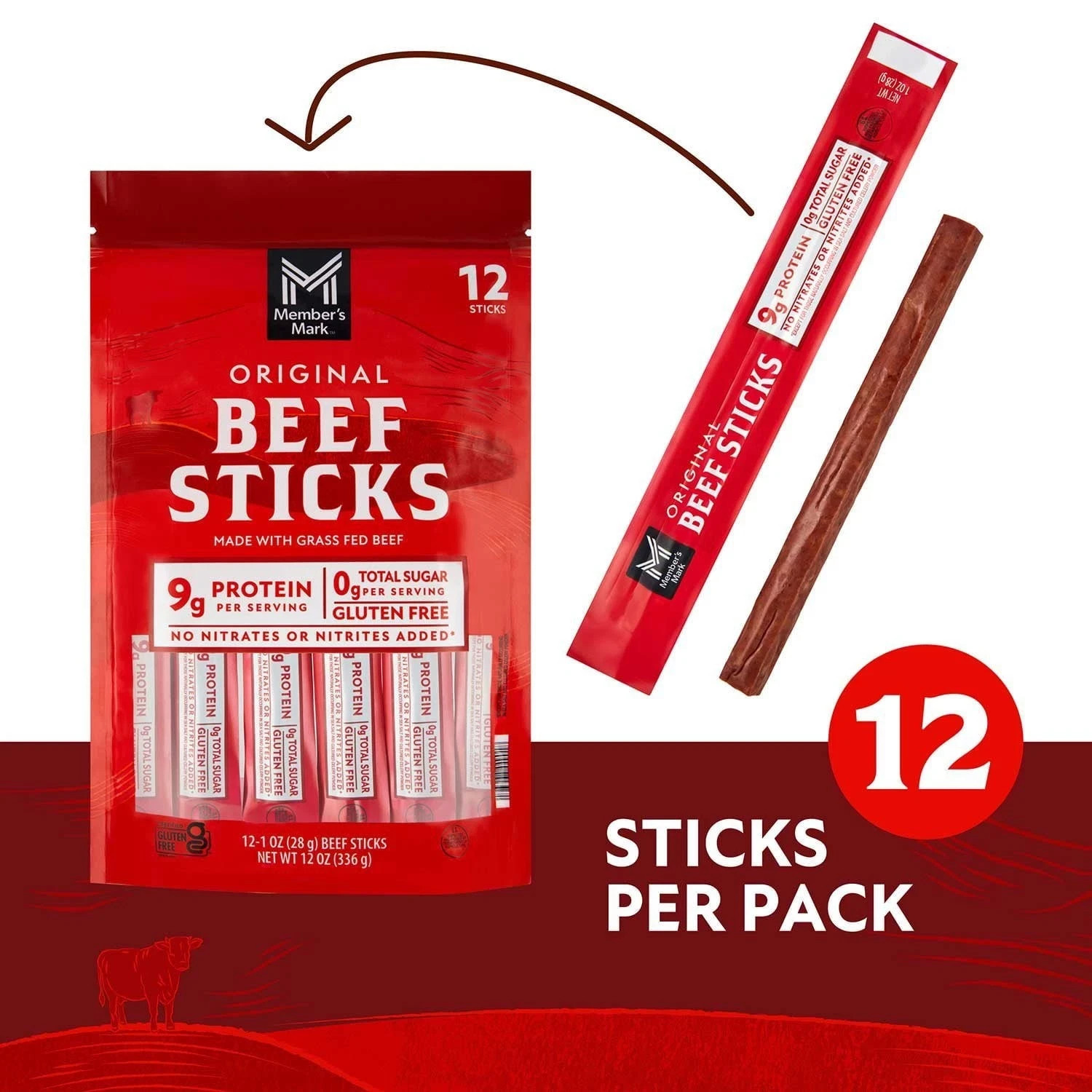 Member’s Mark Original Grassfed Beef Snack Sticks, 1 Ounce (Pack of 12)