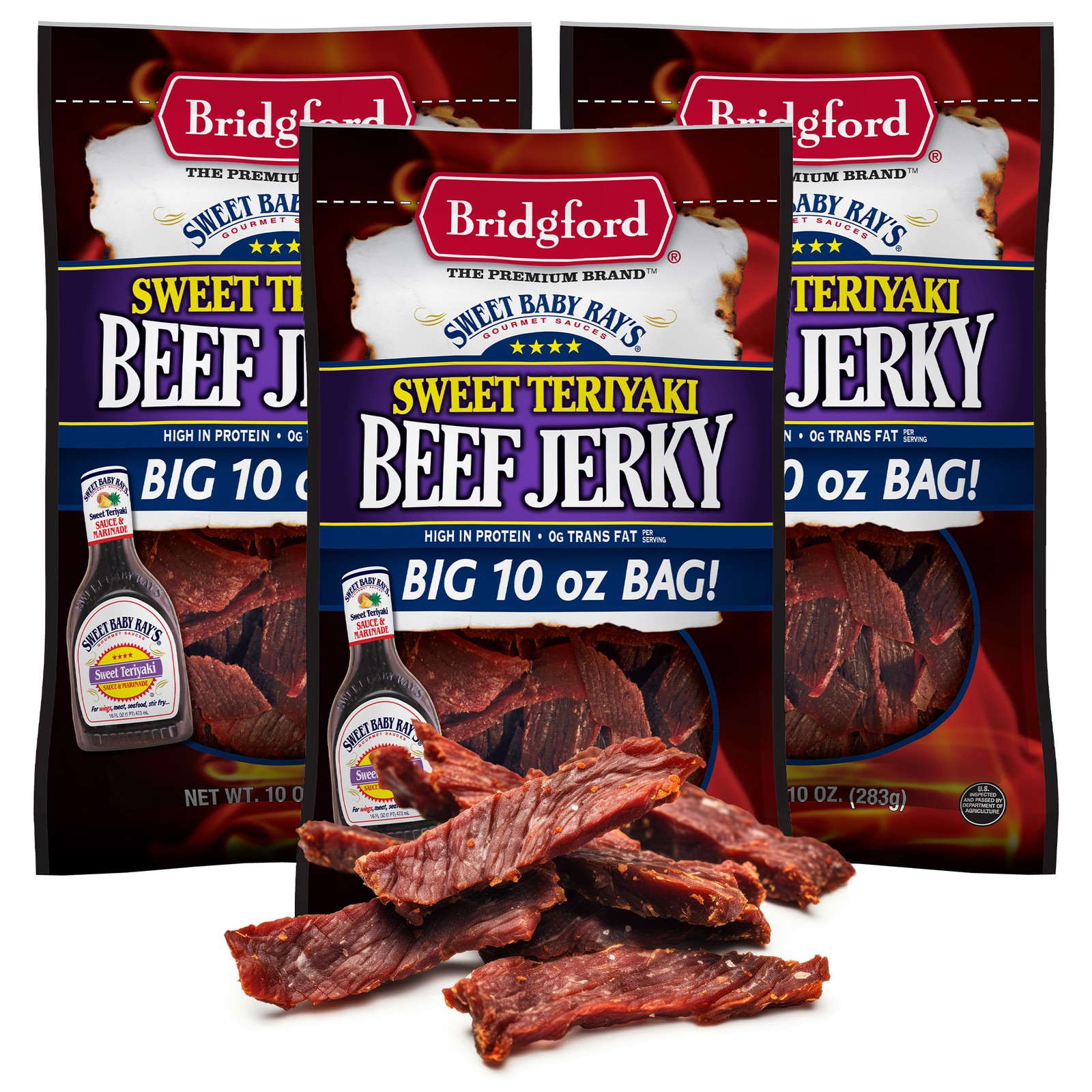 Bridgford Sweet Baby Ray’s High Protein Beef Jerky, 10 oz (Pack of 3)