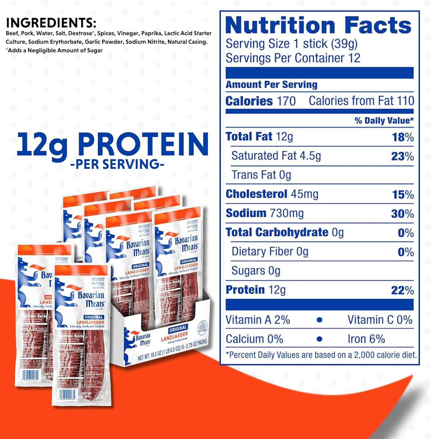 Landjaeger Meat Sticks, Smoked Sausage Protein Snacks, Zero Sugar, Great Source