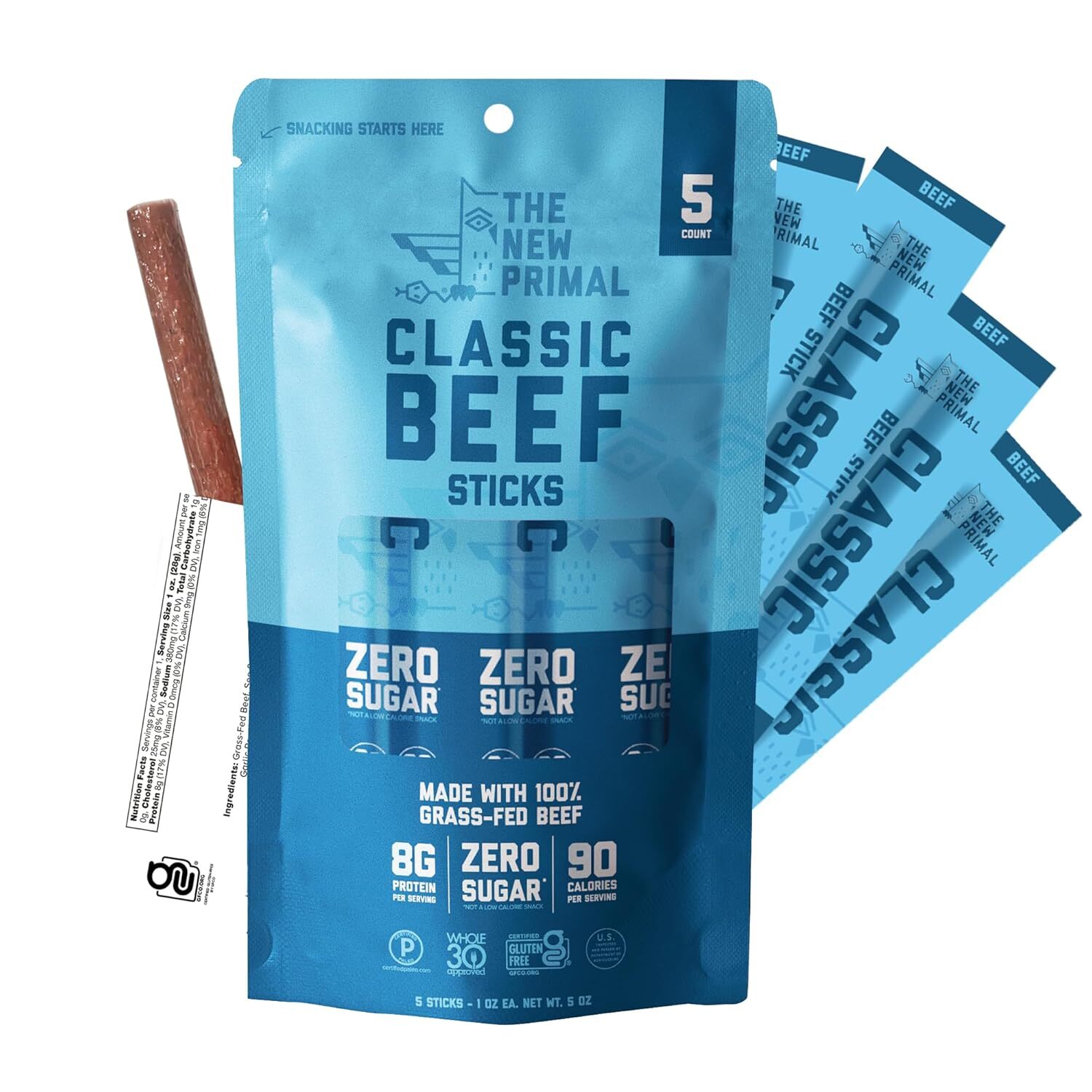 The New Primal Grass-Fed Beef Sticks, Classic 5 sticks (1 oz each)