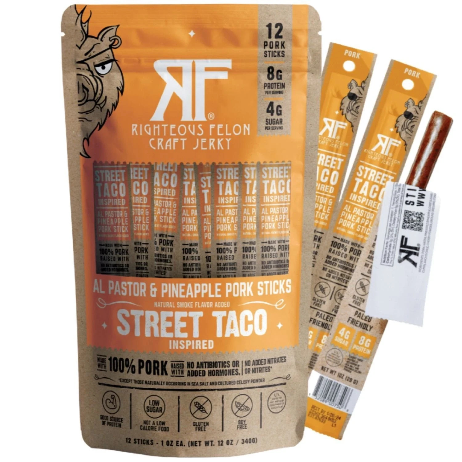 Righteous Felon Craft Jerky Street Taco Pork Sticks, 1 oz., 12 pk.
