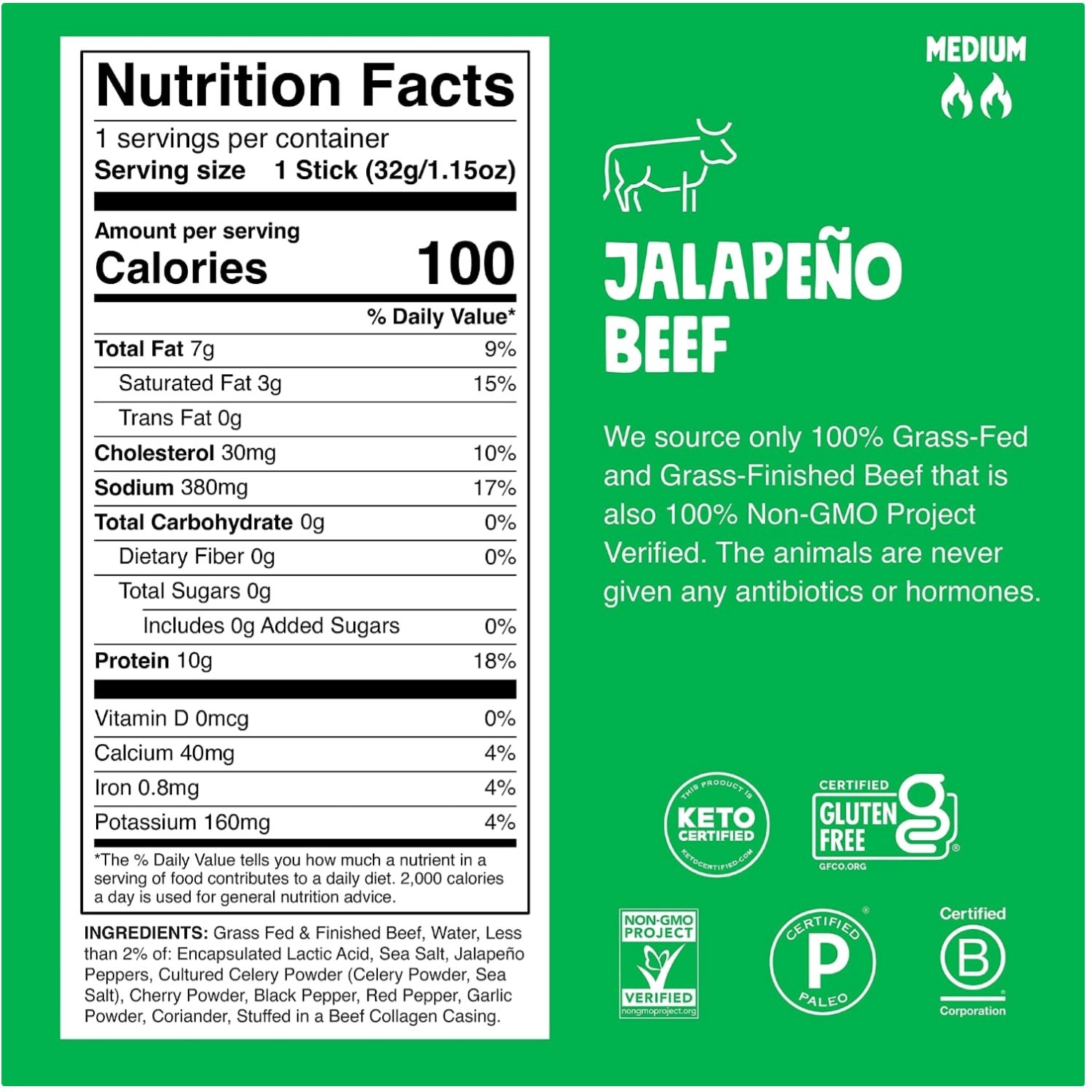 Keto Paleo Whole30 Jalapeño Beef Snack Sticks