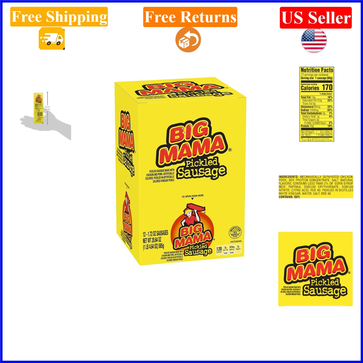 Big Mama Pickled Sausages 2.4 oz Pack of 12, Keto, Savory Snack