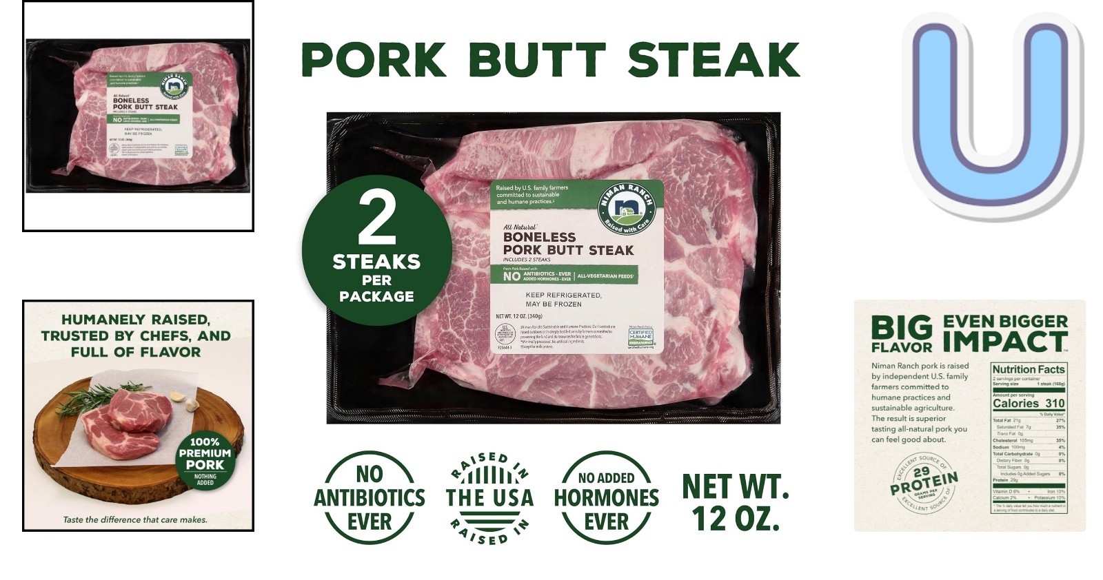 Boneless Pork Shoulder Steaks, 12 oz Each – Pack of 2 – Juicy Flavor