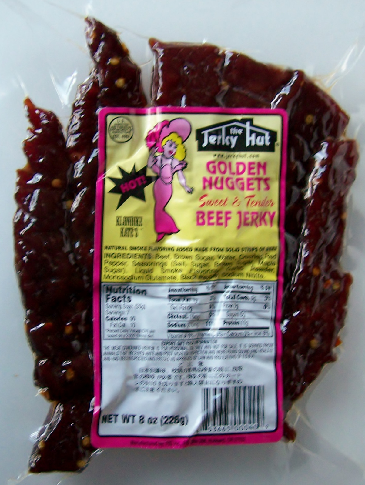 Sweet Golden Nugget Hot Thick, Soft, Steak Cut Jerky Hut 8oz