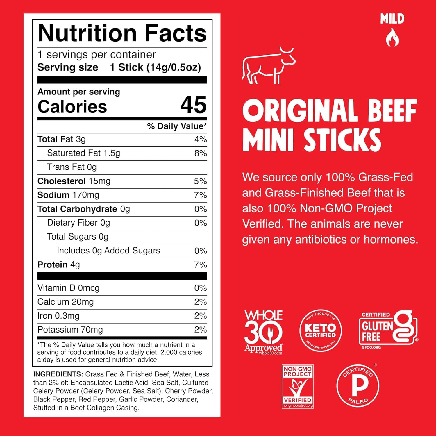 Snack Size Grass-Fed and Finished Original Beef Jerky Snack Sticks 0.5Oz 24-P…