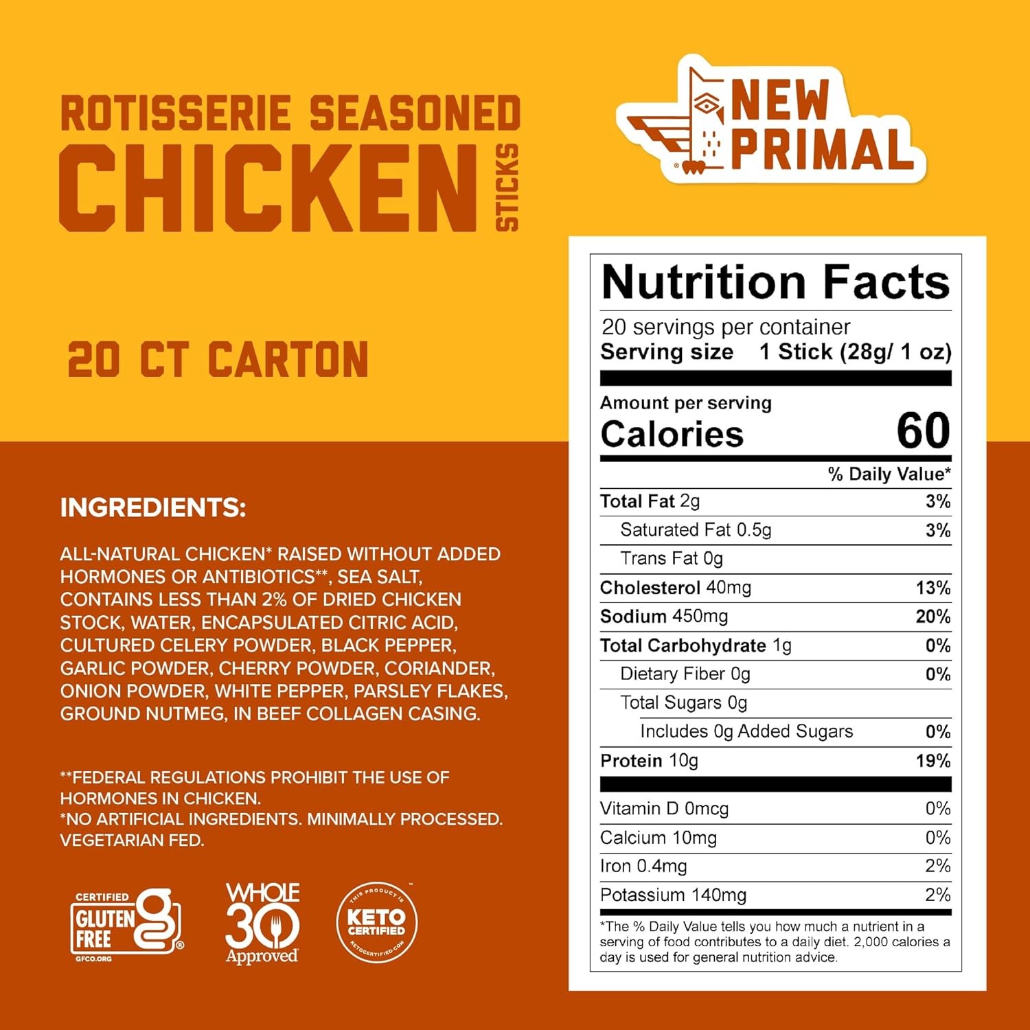 New Primal Rotisserie Chicken Sticks, Zero Sugar High 1 Ounce (Pack of 20)