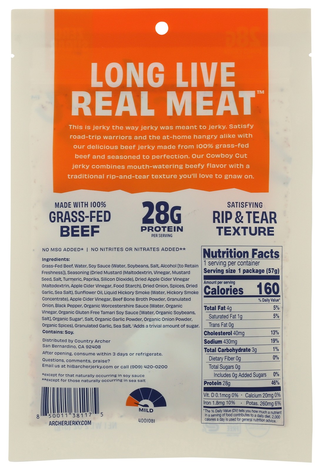 Archer Grass-Fed Beef Jerky Cowboy Cut Mustard Bbq 2 Oz 12 Pack
