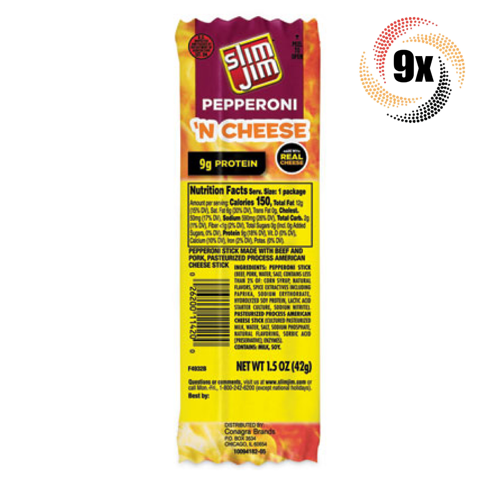 9x Packs Slim Jim Pepperoni & Cheese Snack Sticks | 1.5oz | 9G Protein