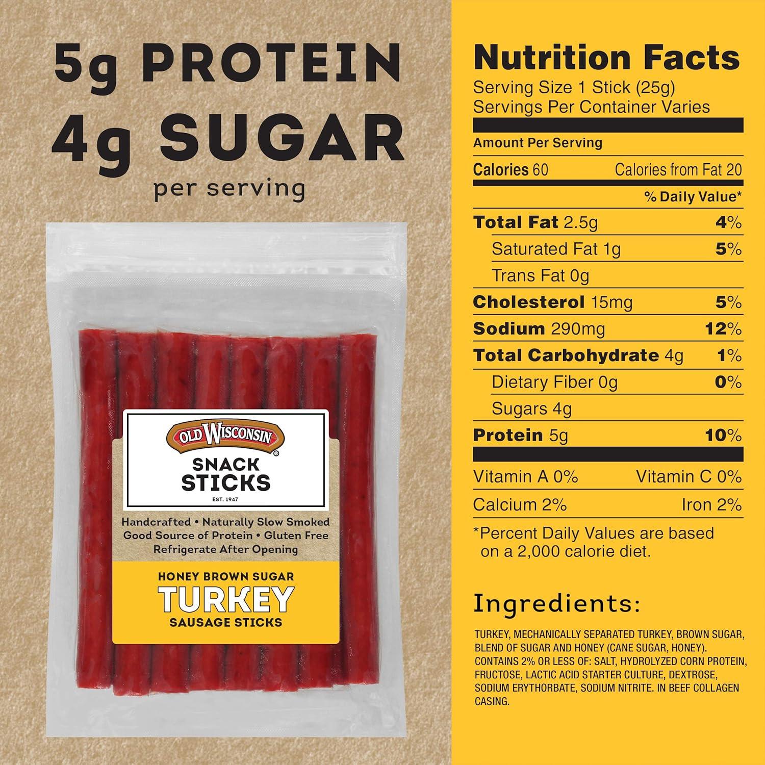 Honey Brown Sugar Turkey Sausage Snack Sticks, Naturally Smoked, Ready to Eat…