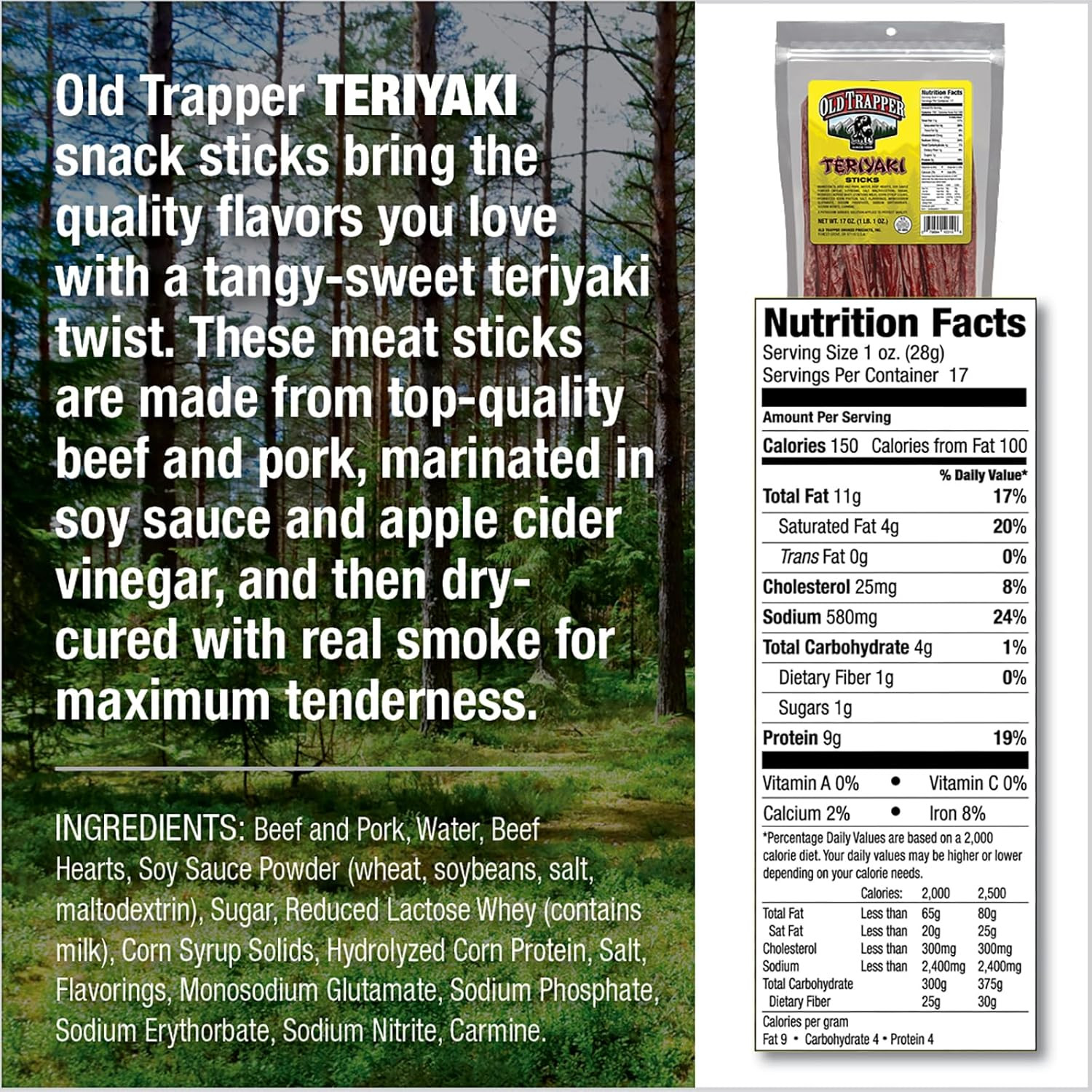 Teriyaki Snack Sticks, 17-Ounce Resealable Bag, Natural Wood Smoked Meat Sticks,