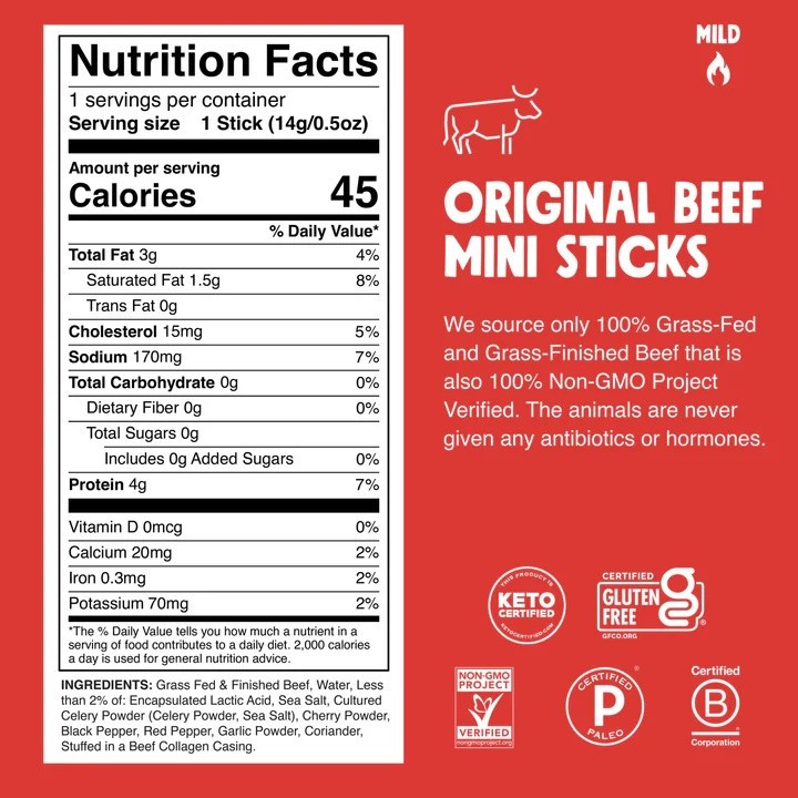 Chomps Original Beef Mini Jerky Snack Sticks Grass-Fed 24 Ct Zero Sugar Keto