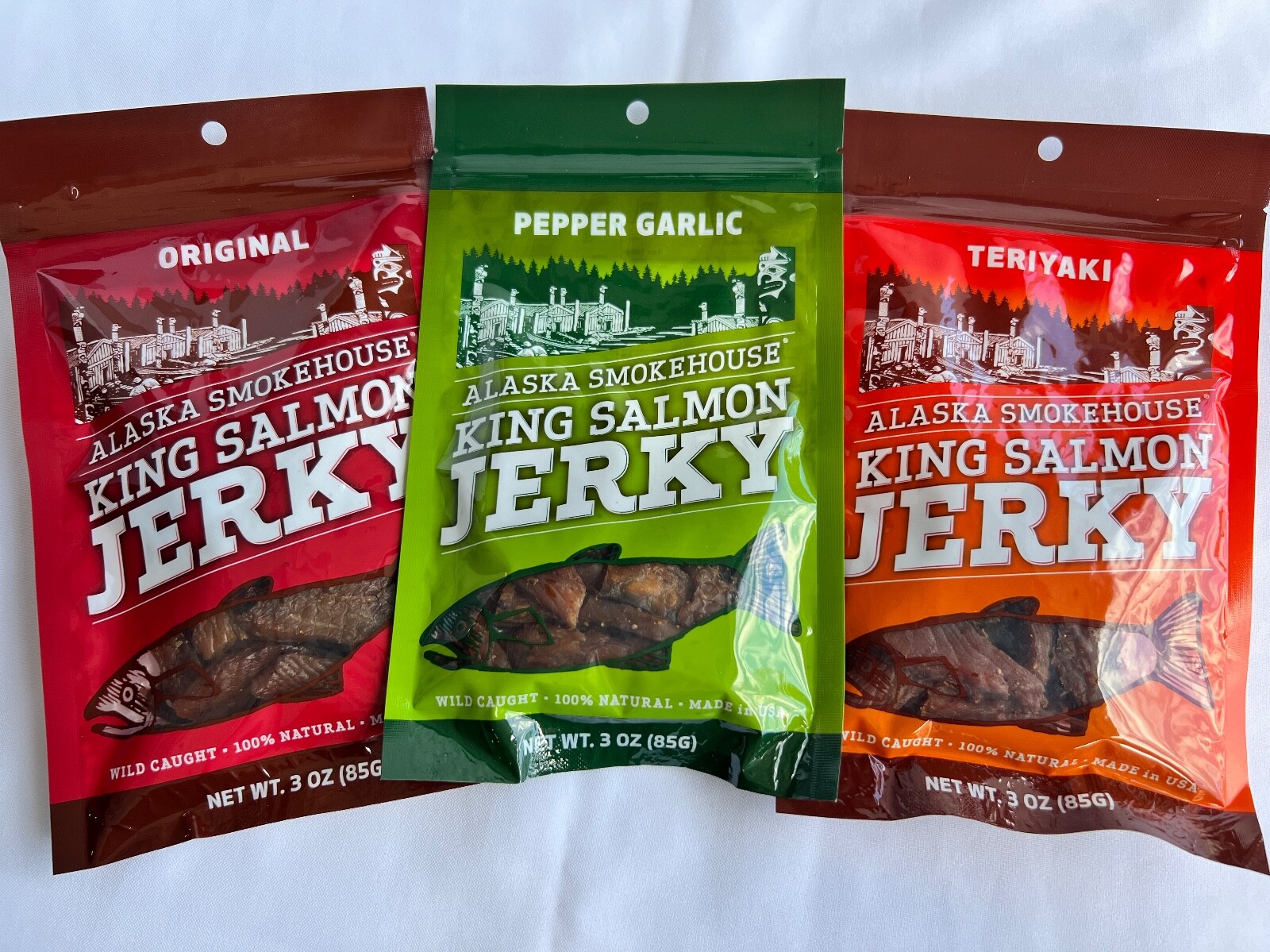 (3) Alaska Smokehouse KING SALMON JERKY – Original, Pepper Garlic, Teriyaki 3oz