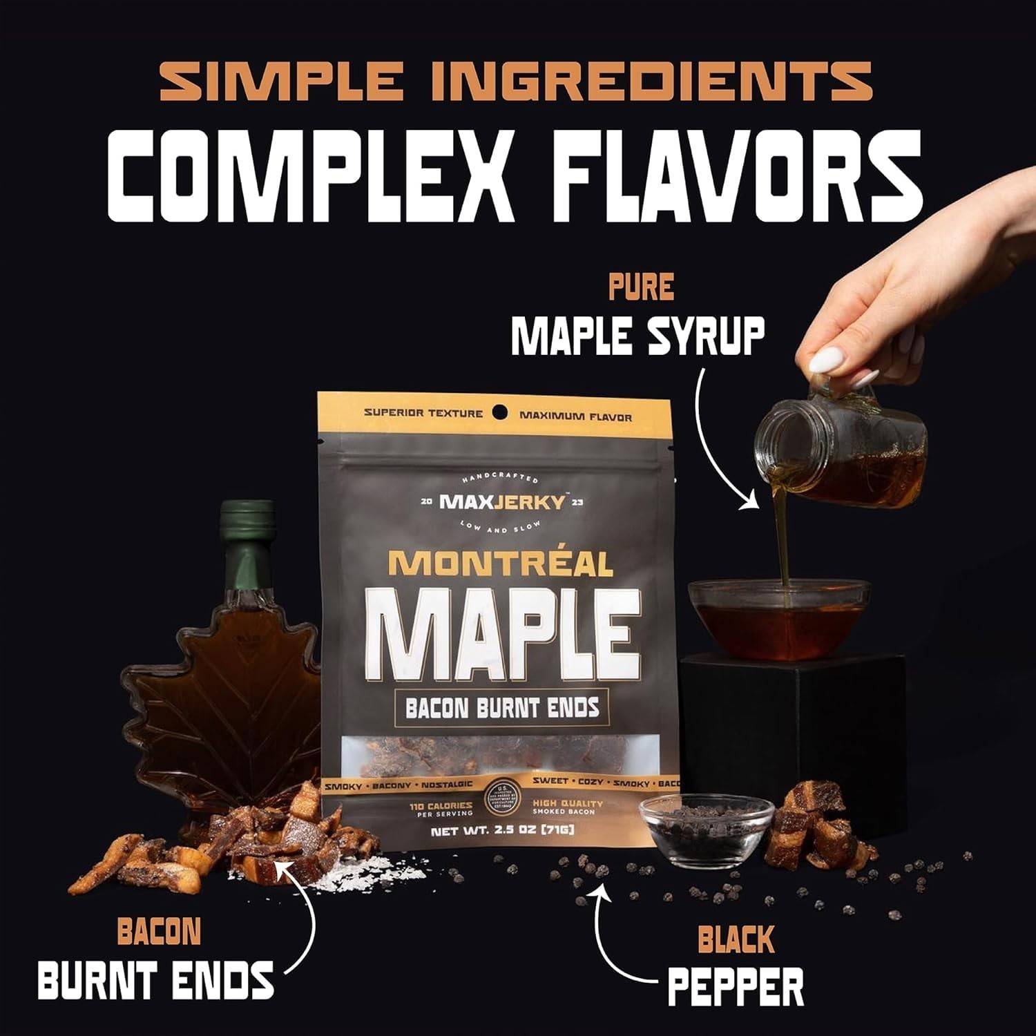 MaxJerky Montreal Maple Bacon Burnt Ends, Smoked Bacon Jerky, 2.5 OZ (4 Pack)