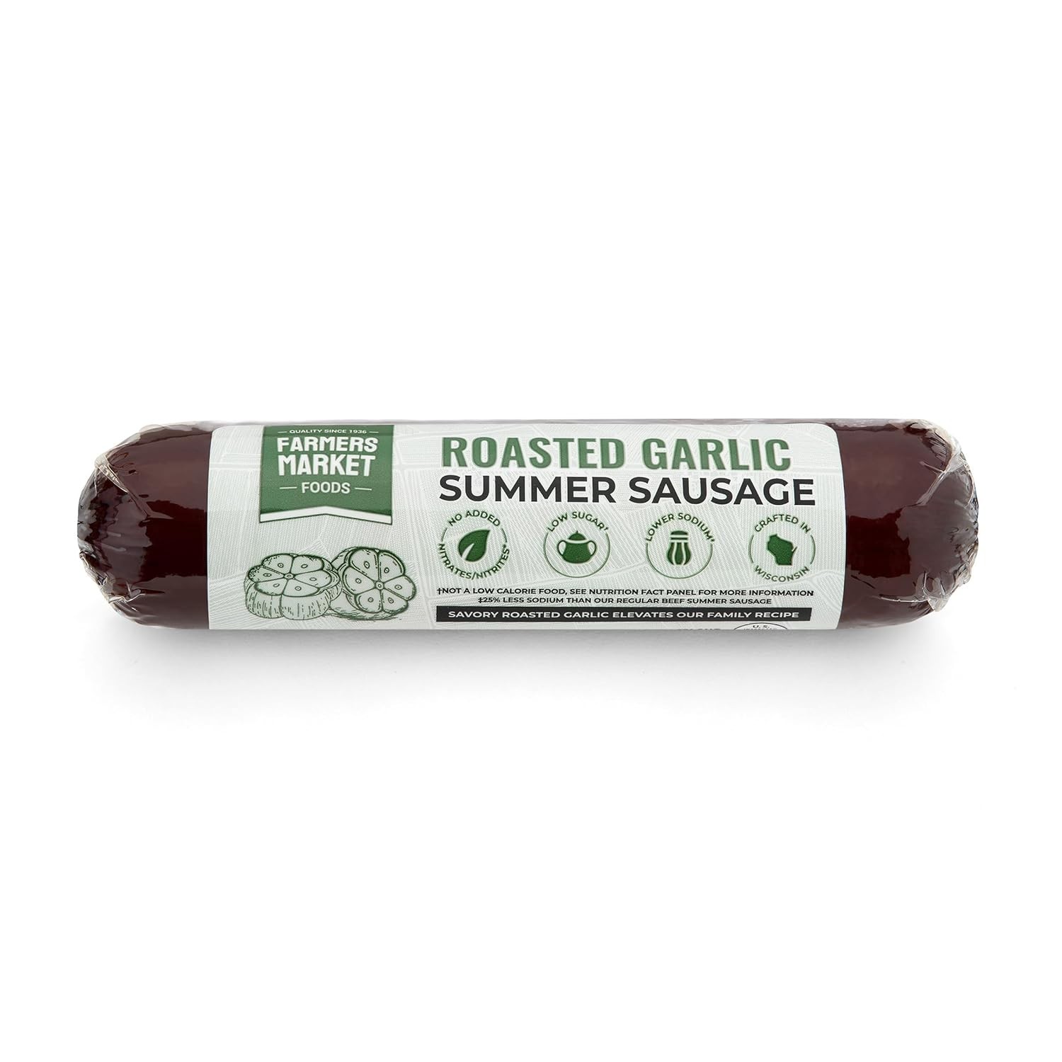 Farmers Market Foods Roasted Garlic Summer Sausage – Wisconsin Made Beef