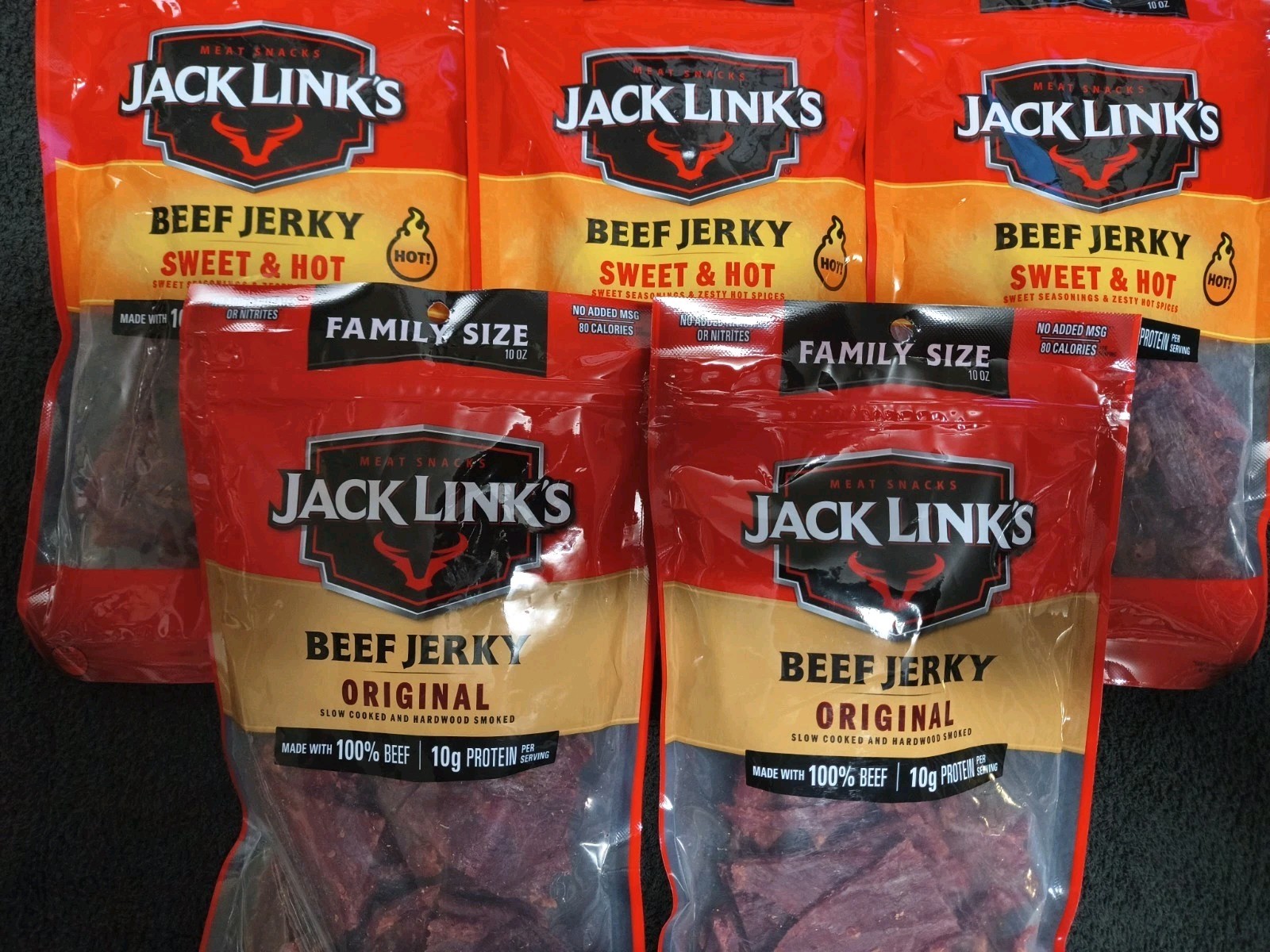 5 Bags JACK LINKS Beef Jerky Original & Sweet Hot – BIG BAGS! Family Size 10 oz
