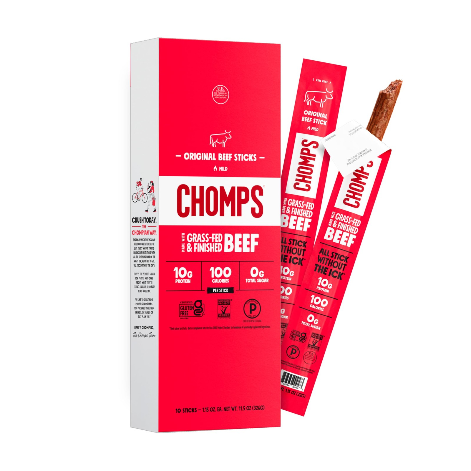 Chomps GrassFed and Finished Original Beef Jerky Snack Sticks 10Pack Keto, P…
