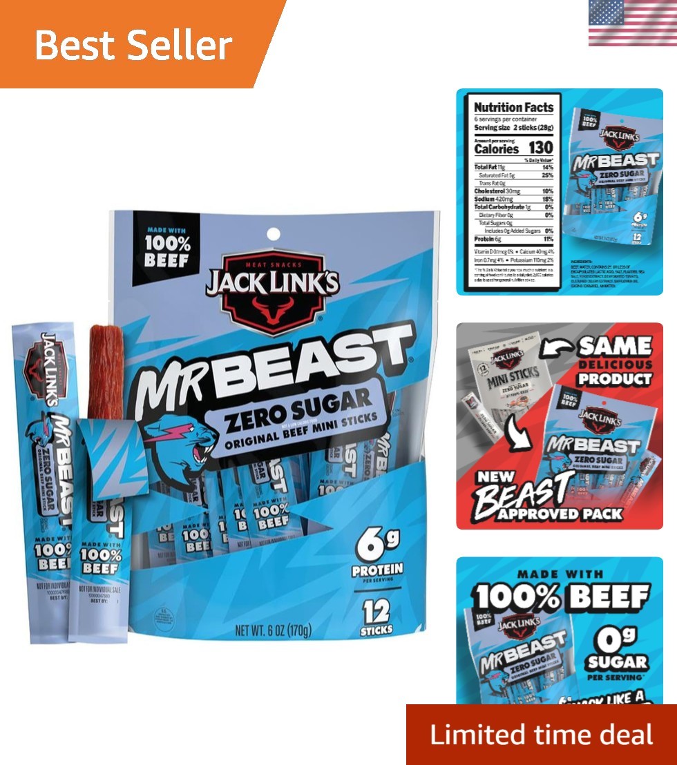 MrBeast Zero Sugar Mini Beef Jerky Sticks – 6g Protein | 12 Individually Wrapped