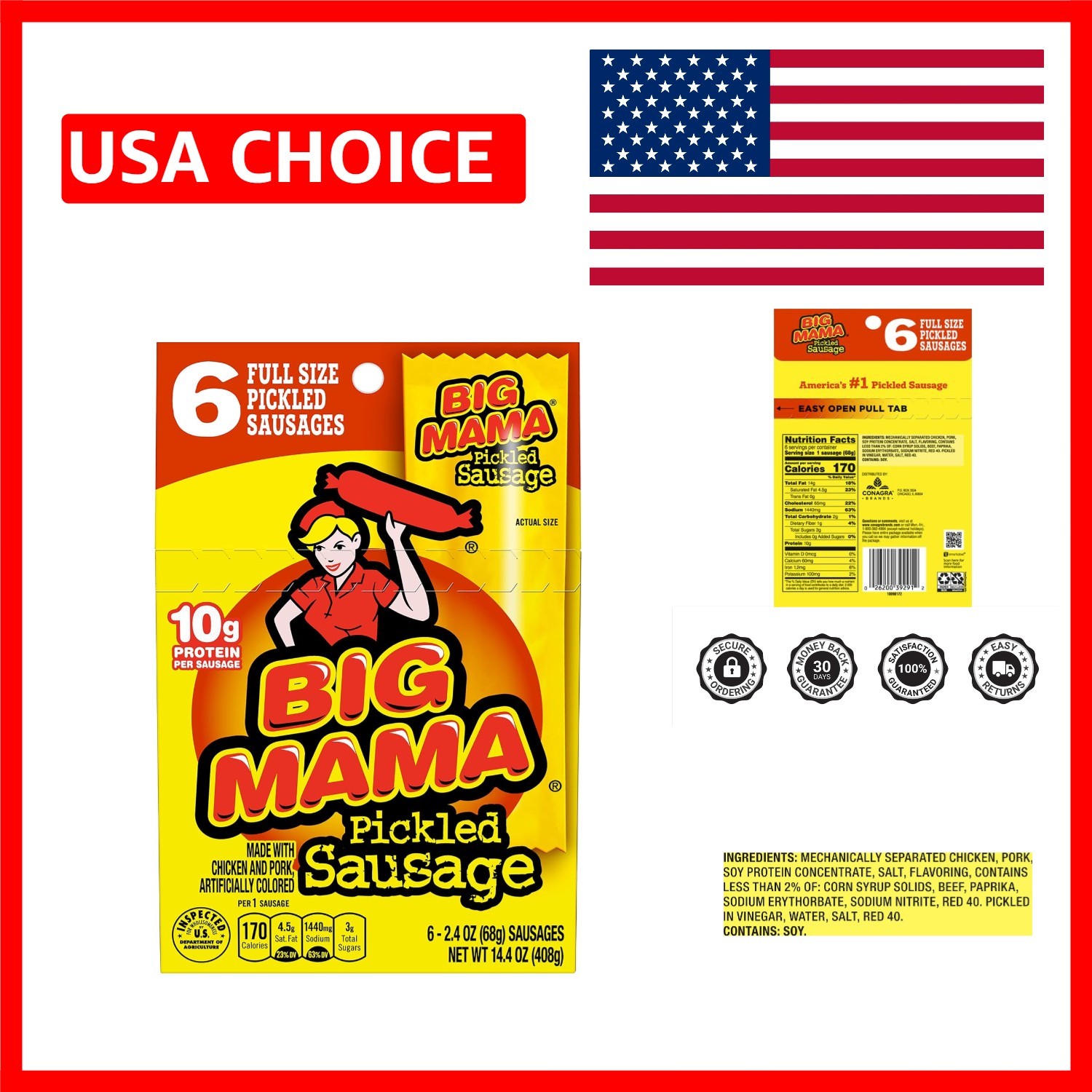 Deliciously Unique Big Mama Pickled Sausages, 2.4 Oz – 6 Ready-to-Eat Packs