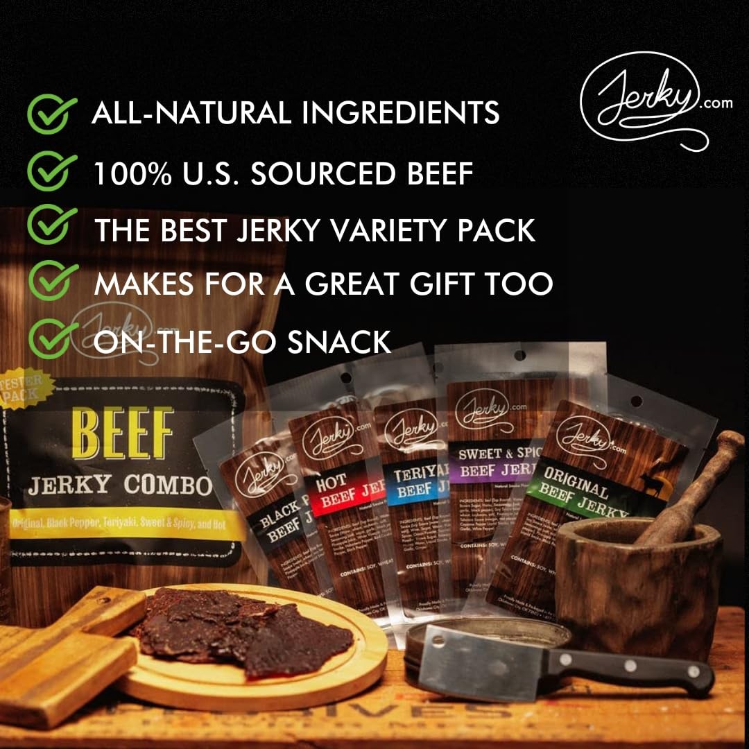 Jerky.com Beef Jerky Sampler Pack – 5 Flavors Original, Black Pepper, Teriyak…