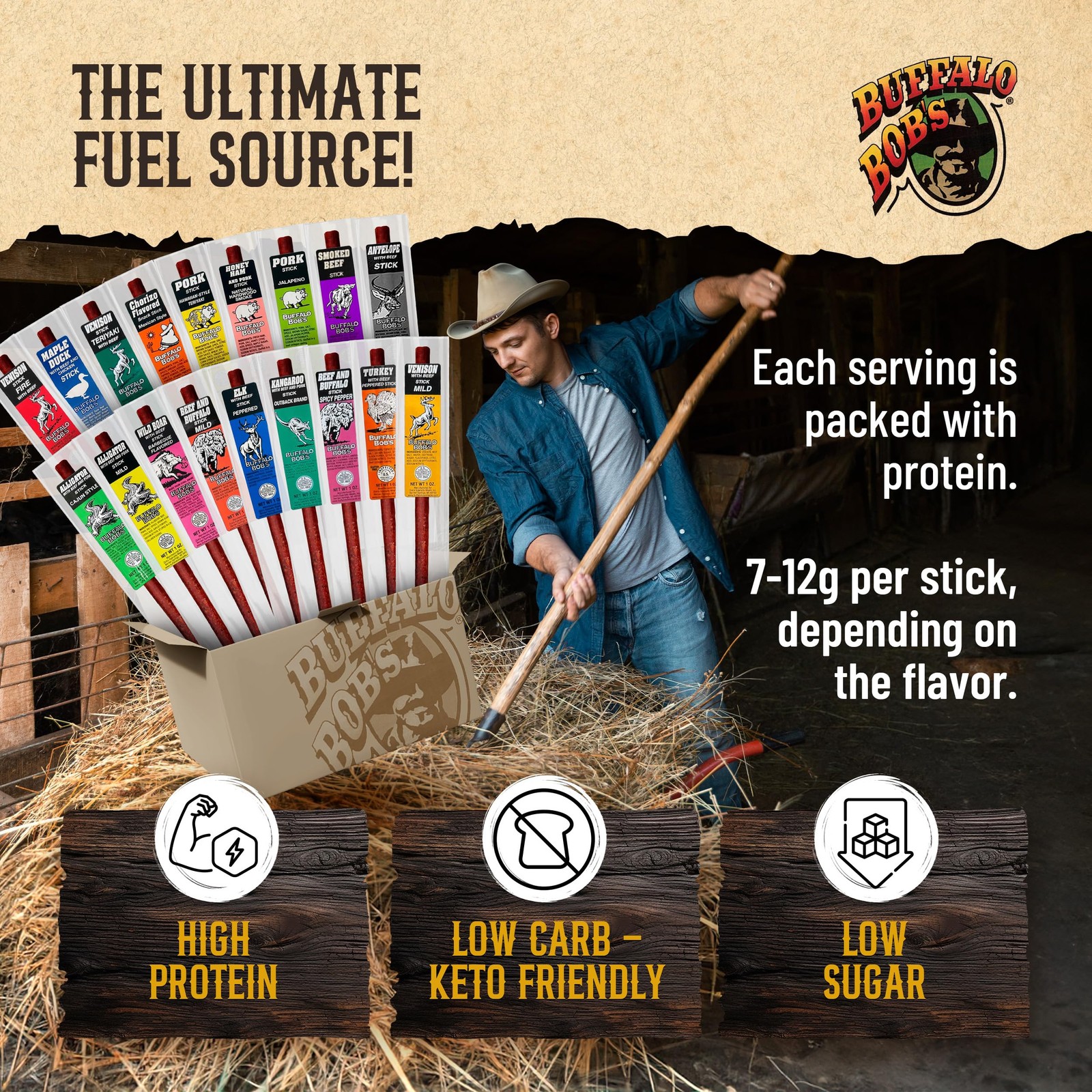 Buffalo Bobs Wild Game Meat Snack Stick – Alligator Cajun Stick 10 Pack