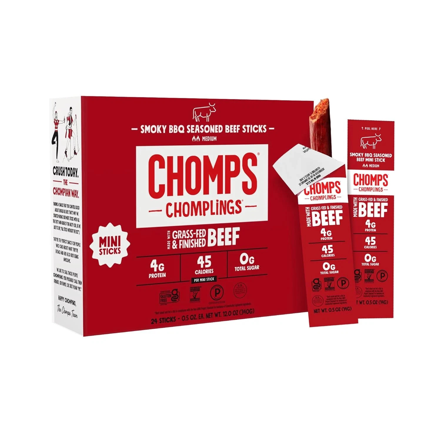 Chomps Chomplings Snack Size Smoky BBQ Beef Jerky Sticks 24-Pack .5 oz Keto New
