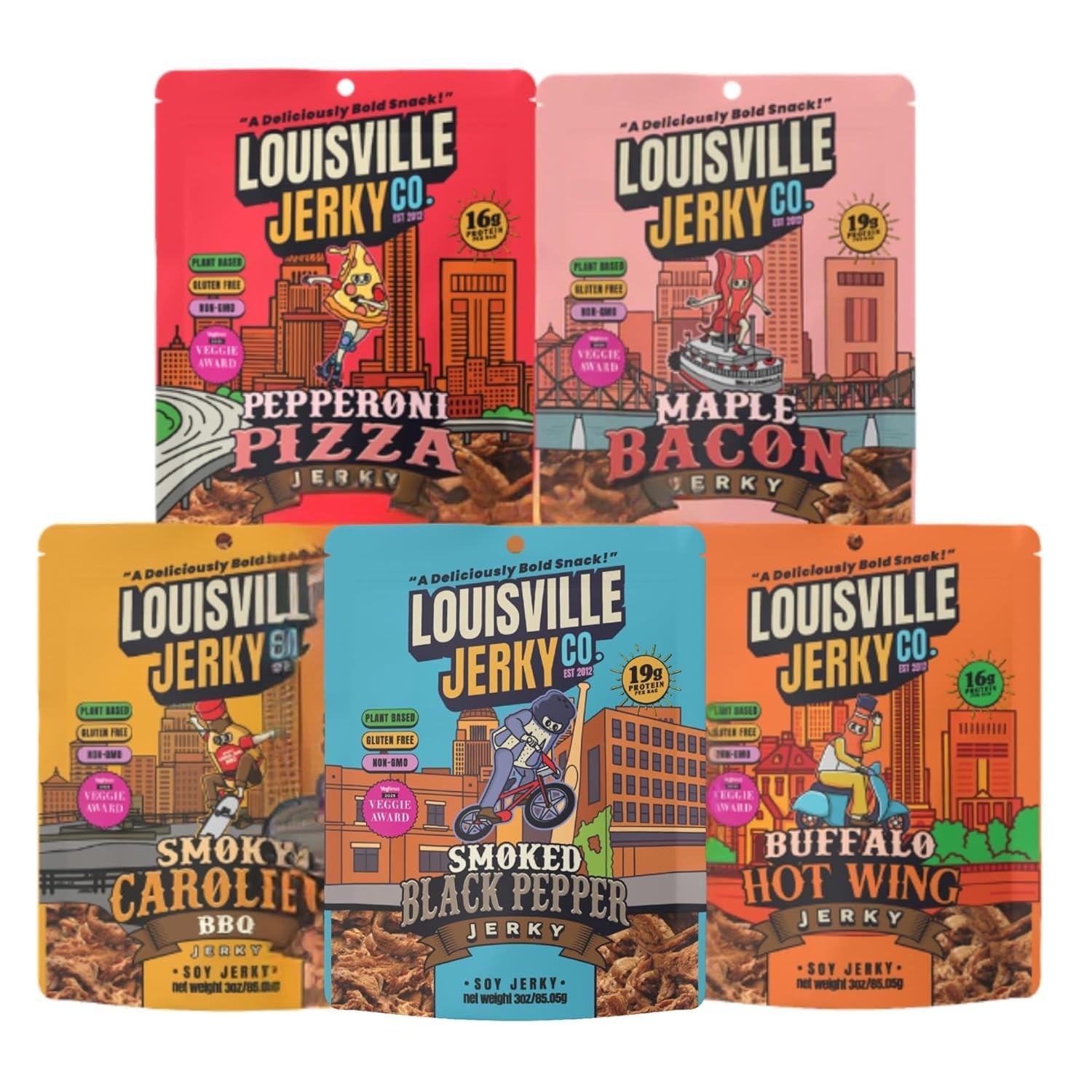 Louisville Jerky Co. Vegan Jerky Variety Pack, (3 Ounce, 5-Pack)