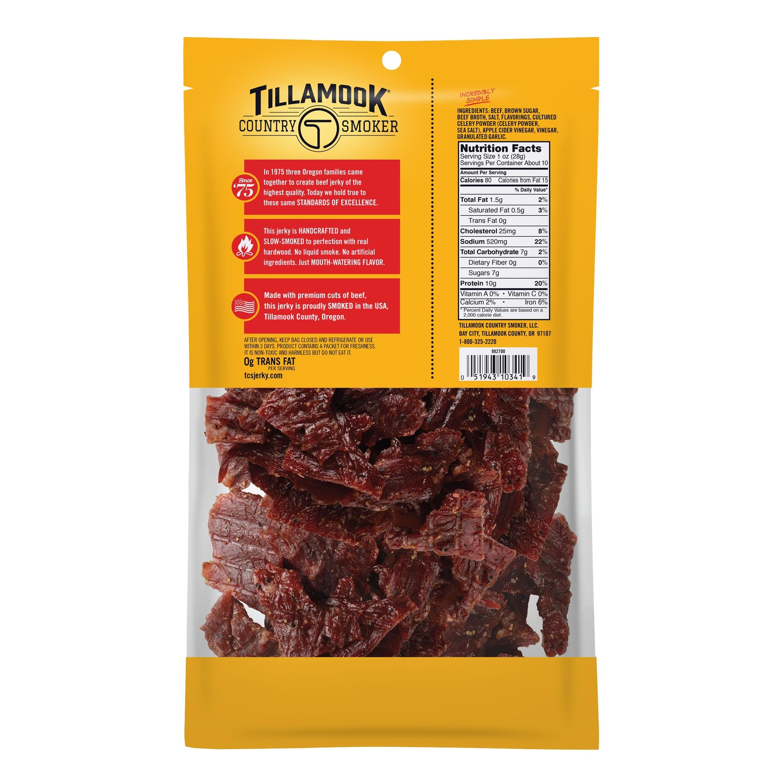 Tillamook Country Smoker Real Hardwood Smoked Beef Jerky, Old Fashioned, 10 O…
