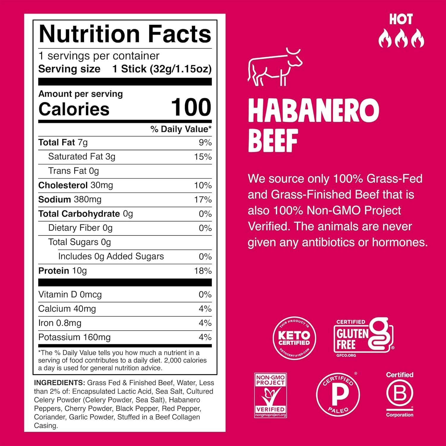 24-Pack Habanero Beef Jerky Sticks – Gluten Free, Zero Sugar, High Protein