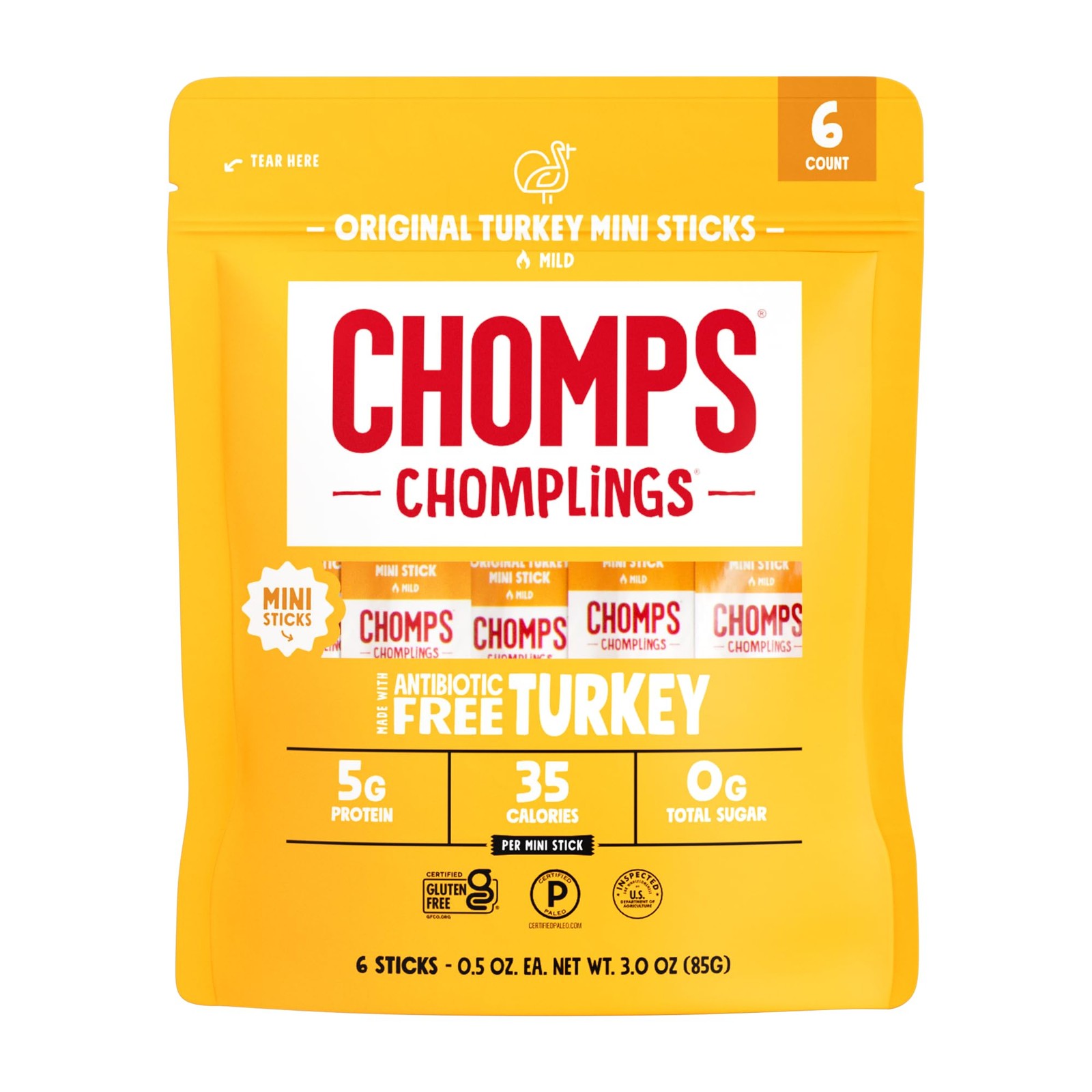 CHOMPS MINI Free Range Turkey Jerky Meat Snack Sticks, Original, 0.5oz (6 count)