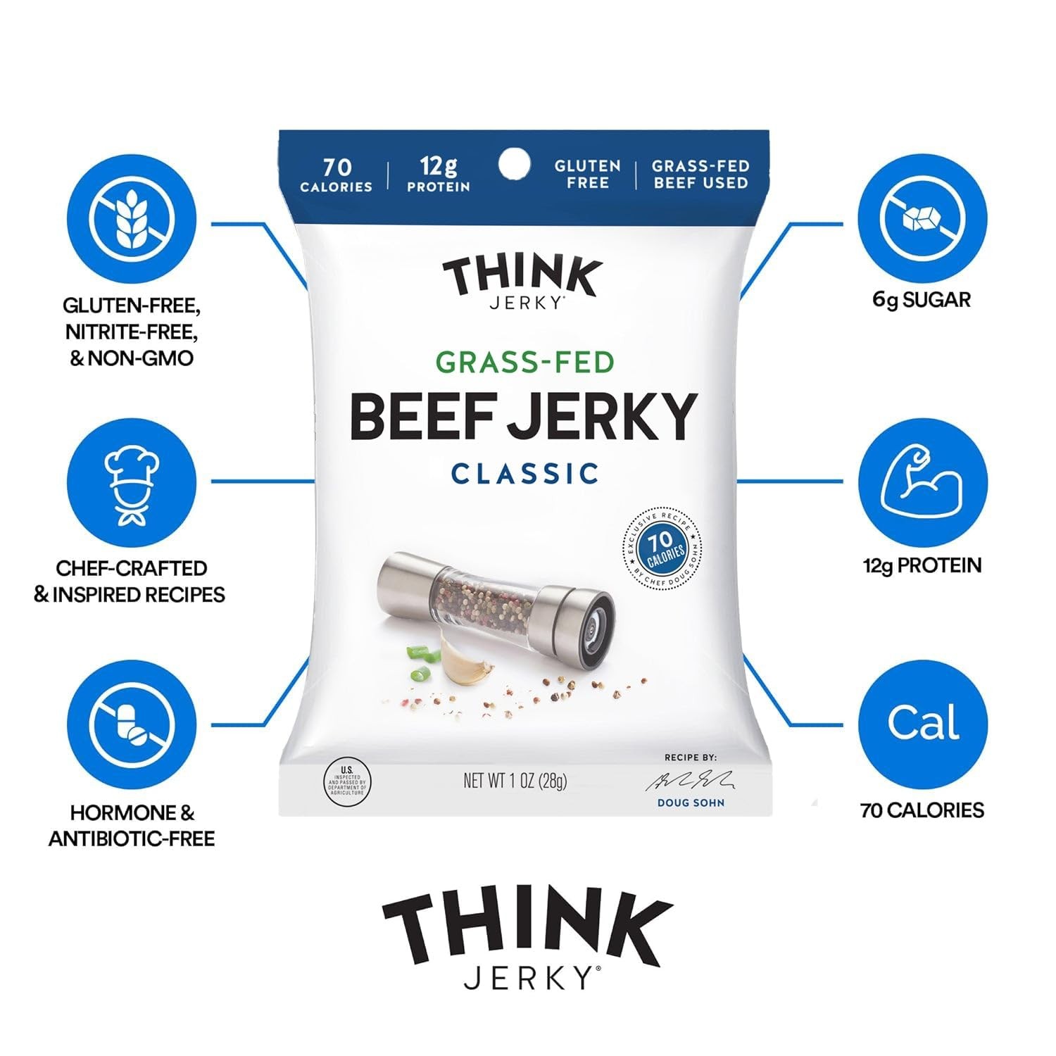 Think Jerky Classic Beef Jerky, Grass-Fed High Protein Beef, Gluten Free, No …