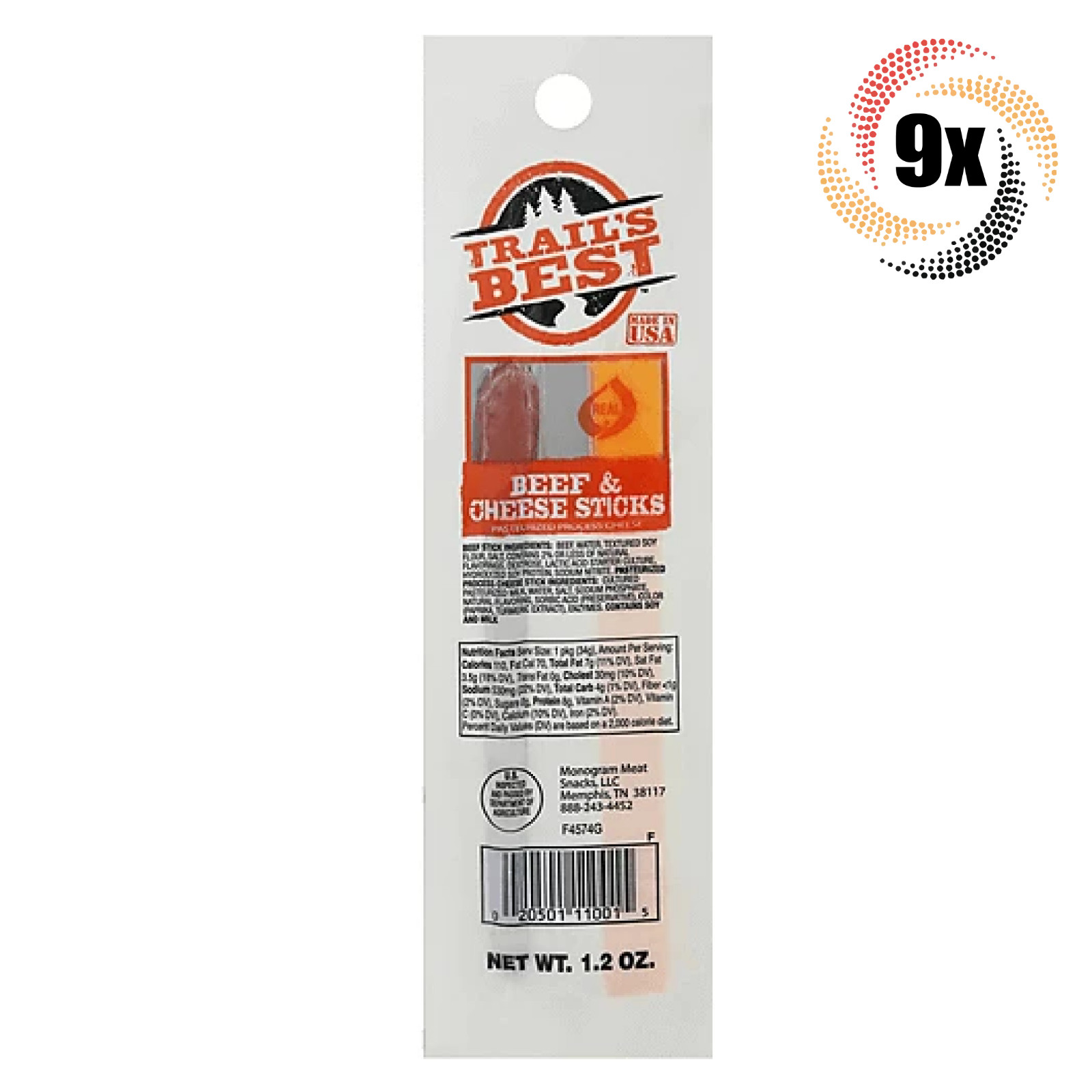 9x Packs Trail’s Best Real Beef & Cheese Sticks Meat Snack | 1.2oz | Made in USA