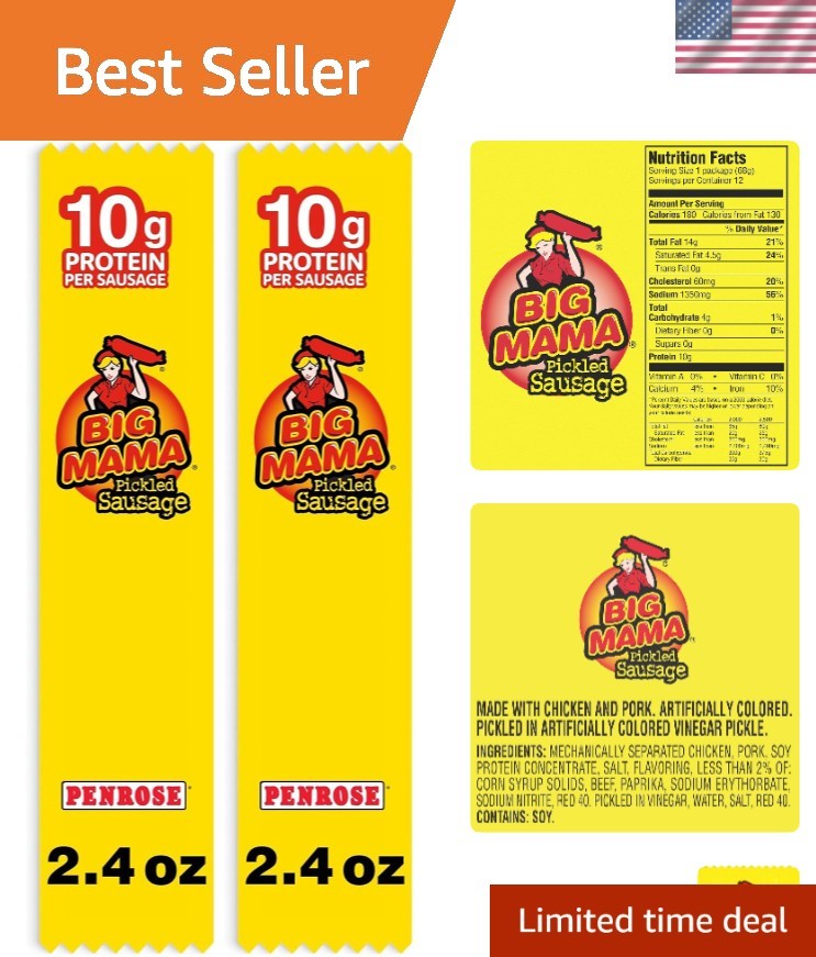 Satisfying Big Mama Pickled Sausages, 2.4oz (Pack of 2) – Ready-to-Eat Snack