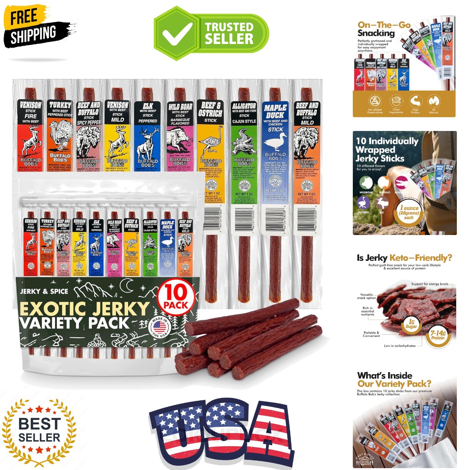 Wild Game Exotic Meat Sticks 10-Pack | Ultimate Beef Jerky | Savory Snacks Va…