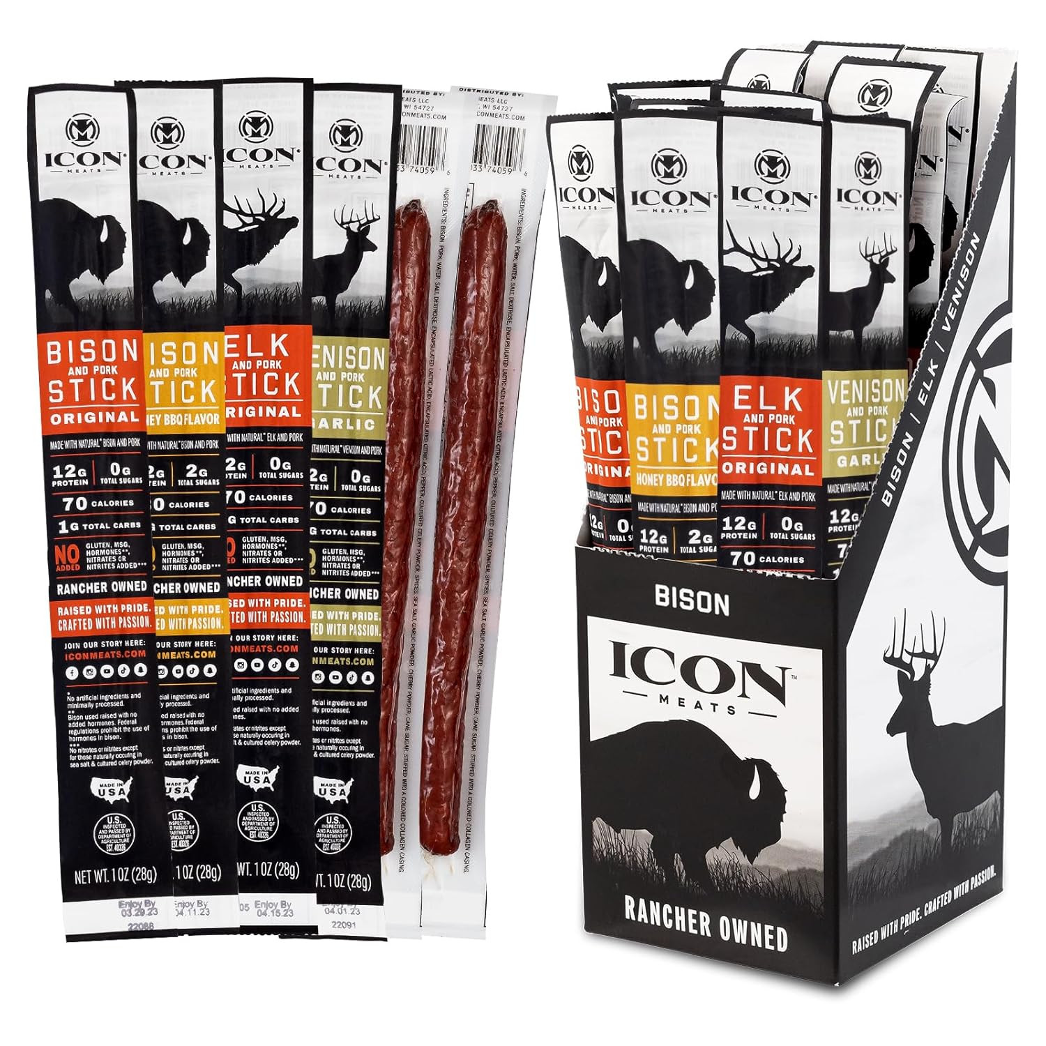 ICON Meats Snack Sticks Sampler 24 Pack Bison Elk Venison Pork High Protein…