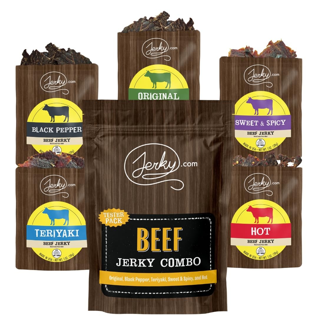 Jerky.com Beef Jerky Sampler Pack – 5 Flavors Original, Black Pepper, Teriyak…