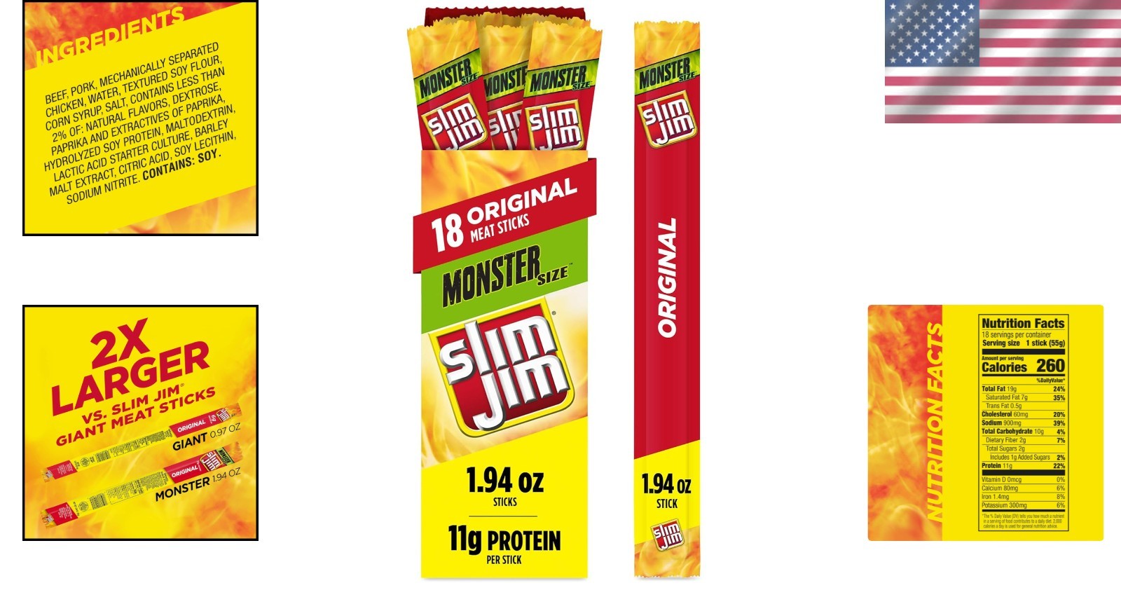 Keto-Friendly Monster Smoked Meat Sticks, 34.92 oz – 18 Individually Wrapped