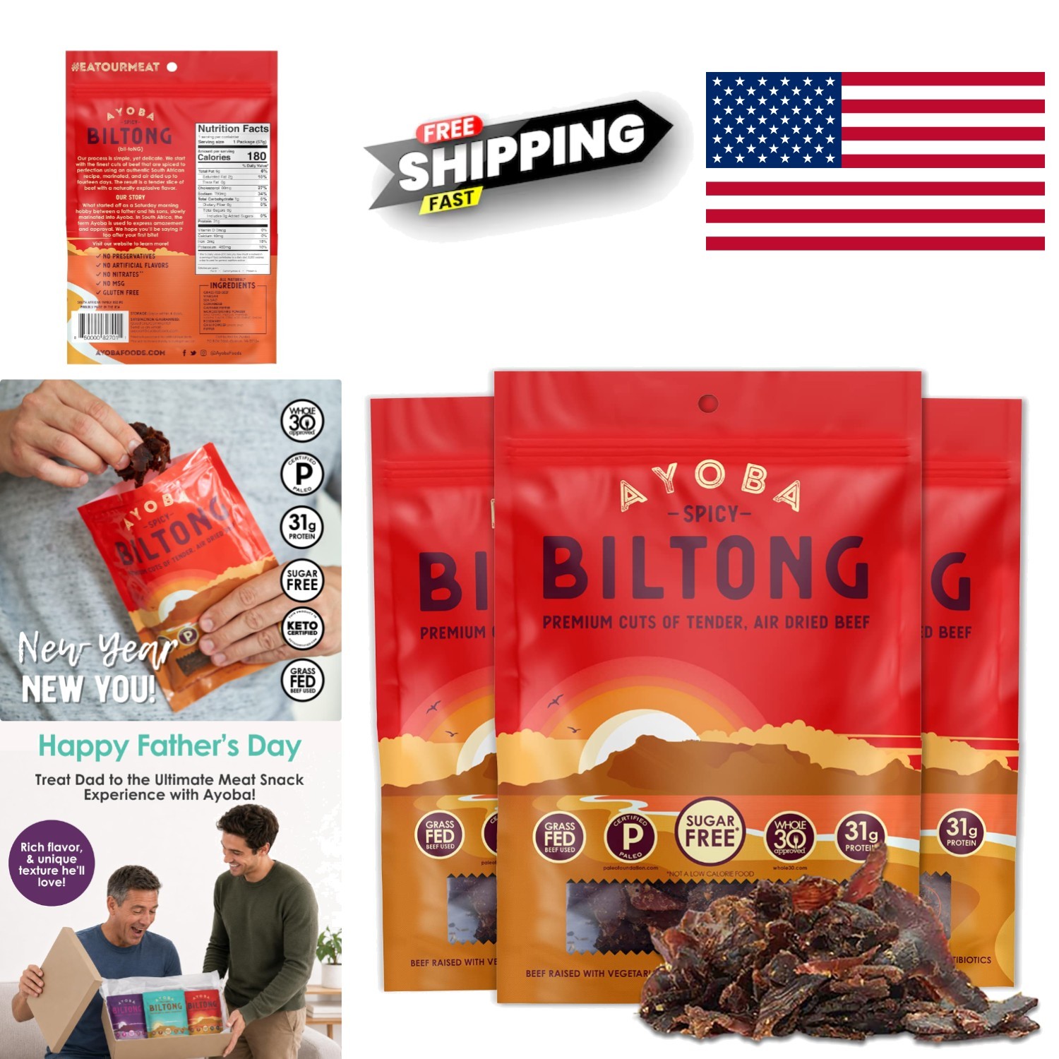 Gluten Free Air Dried Beef Biltong Slices 2 Ounce Pack of 3 South African Snack