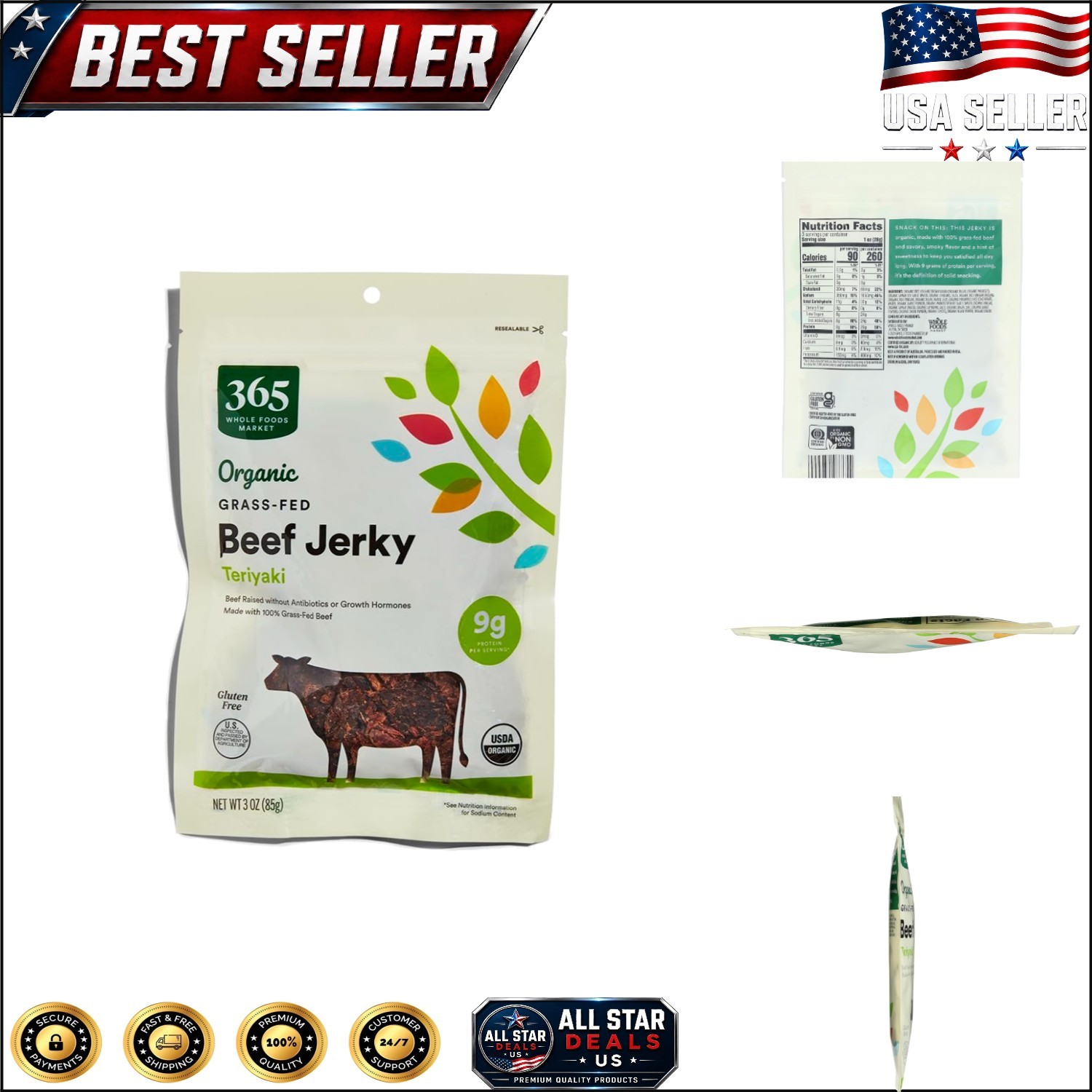 3 Oz Organic Teriyaki Beef Jerky – 100% Grass-Fed Beef, Perfect for On-the-Go