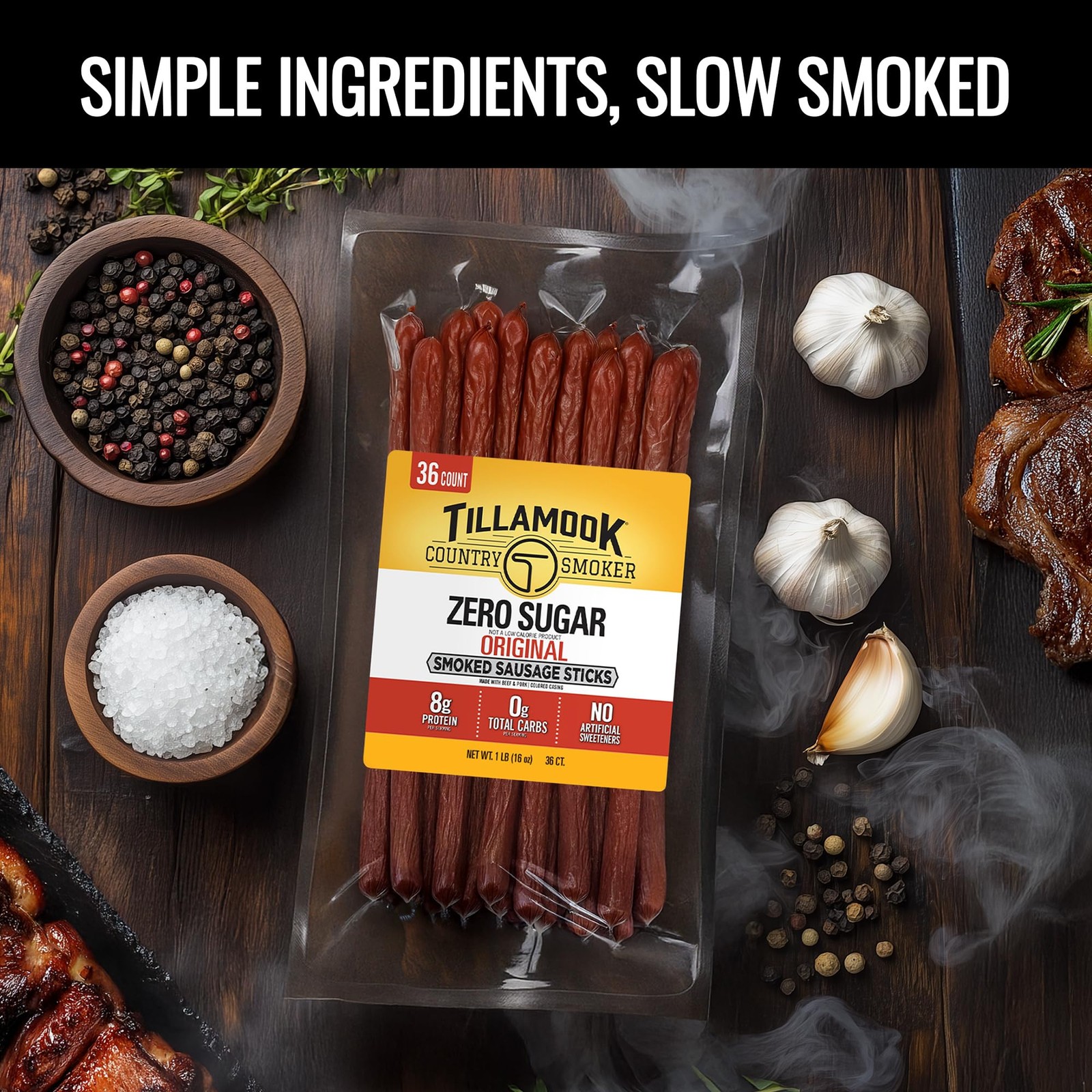 Tillamook Country Smoker Smoked Sausage, Zero Sugar, Original, 16 Ounce 36 Co…