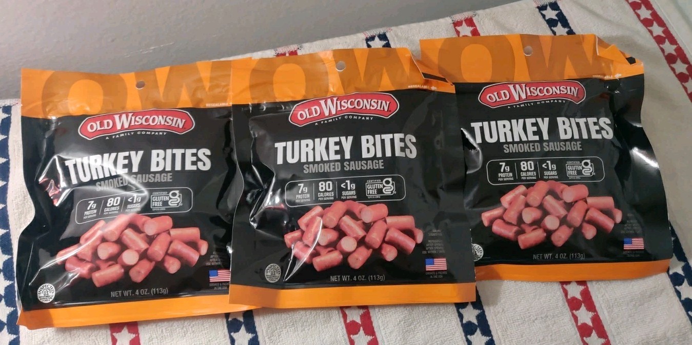 3 Packs! Old Wisconsin Turkey Bites Smoked Sausage 4 oz Turkey Bite Snacks