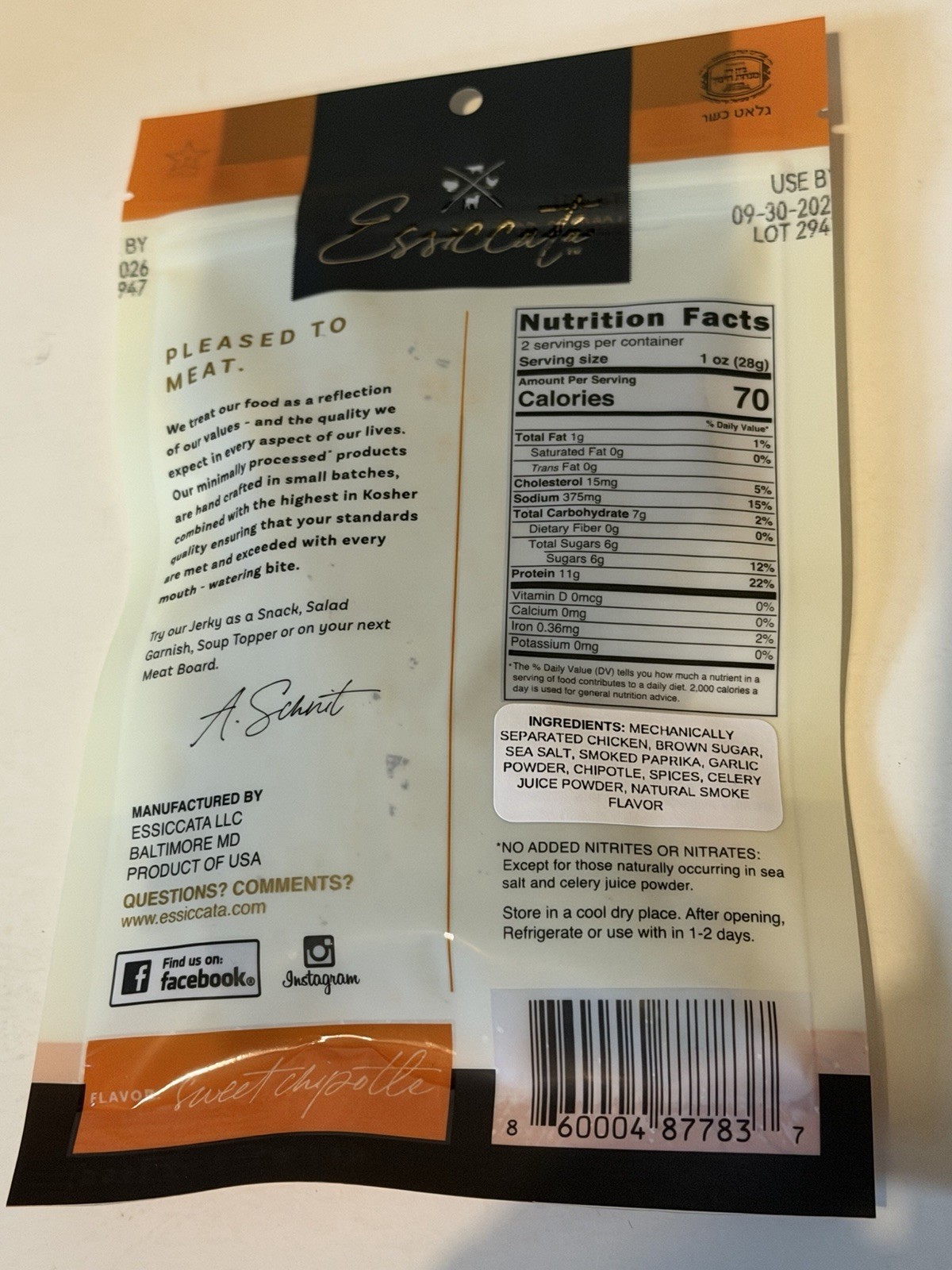 Essiccate Chicken Sweet Chipotle Jerky Case 12-2oz Pack Best By: 09/30/2026 24oz