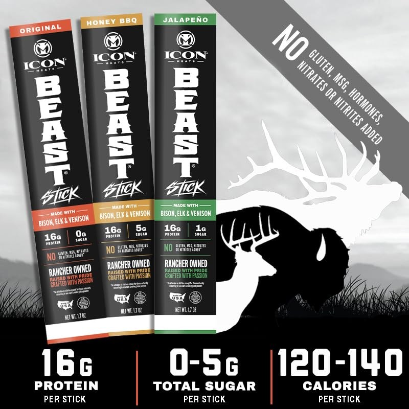 ICON Meats BEAST Stick Sampler Assorted Flavors of ICON Meats Bison, Elk, Ve…