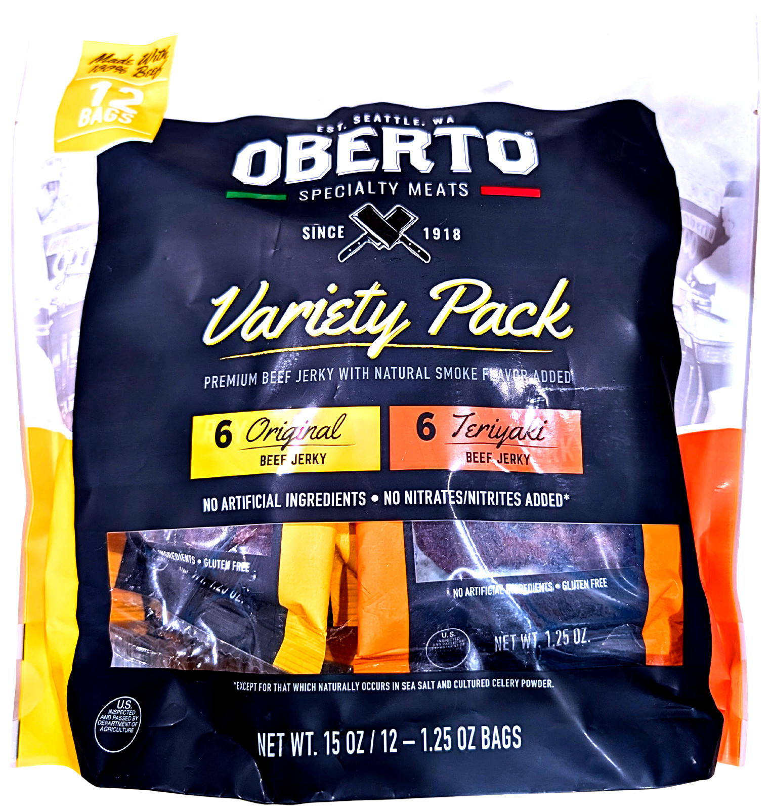 Oberto Premium Beef Jerky Variety Bag Original & Teriyaki 12 Ct x 1.25 Oz 08/26