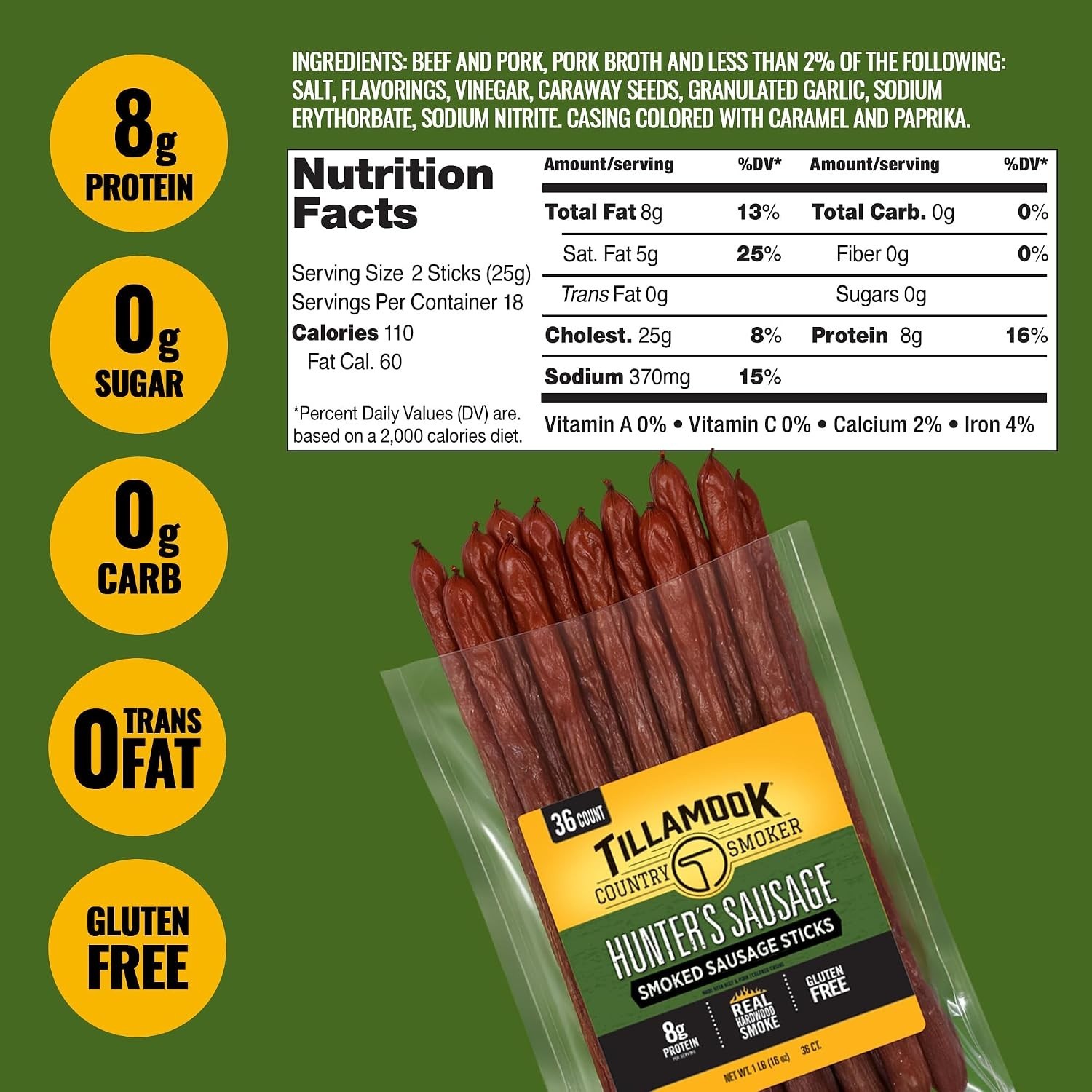 Hunter’s Sausage Smoked Sausage, 16 Oz, 36 Ct, Bulk Pack, Real Hardwood Smoke…