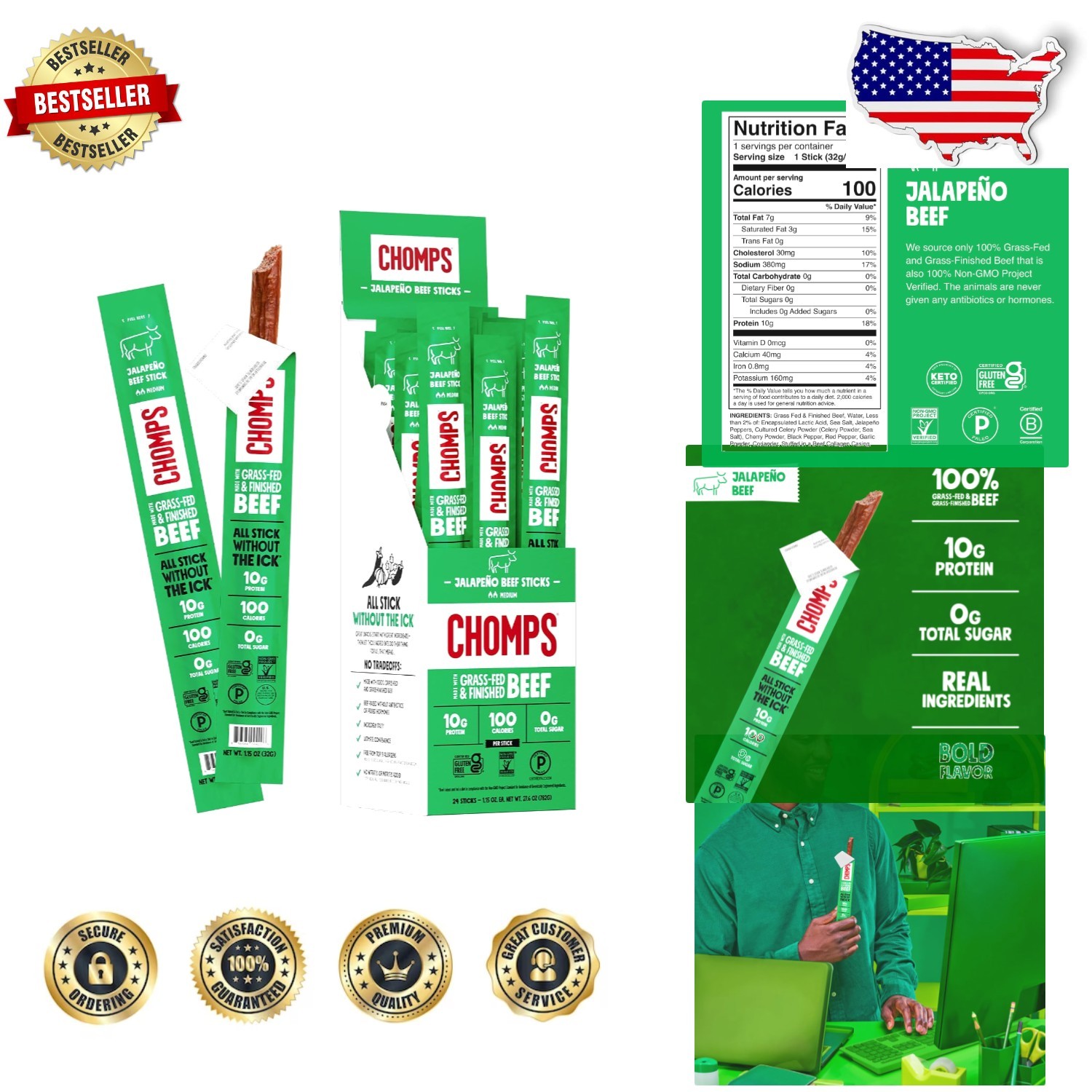 High-Quality Jalapeño Beef Jerky 24 Sticks Grass-Fed Zero Sugar Keto Approved